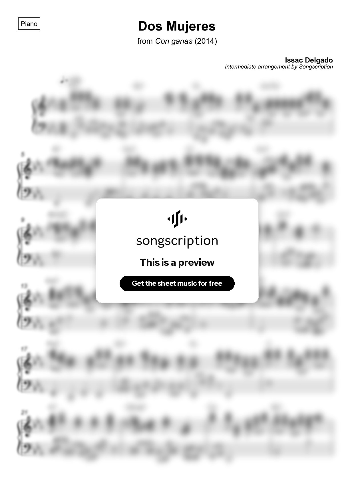 Intermediate Piano Sheet Music for "Dos Mujeres" by Issac Delgado