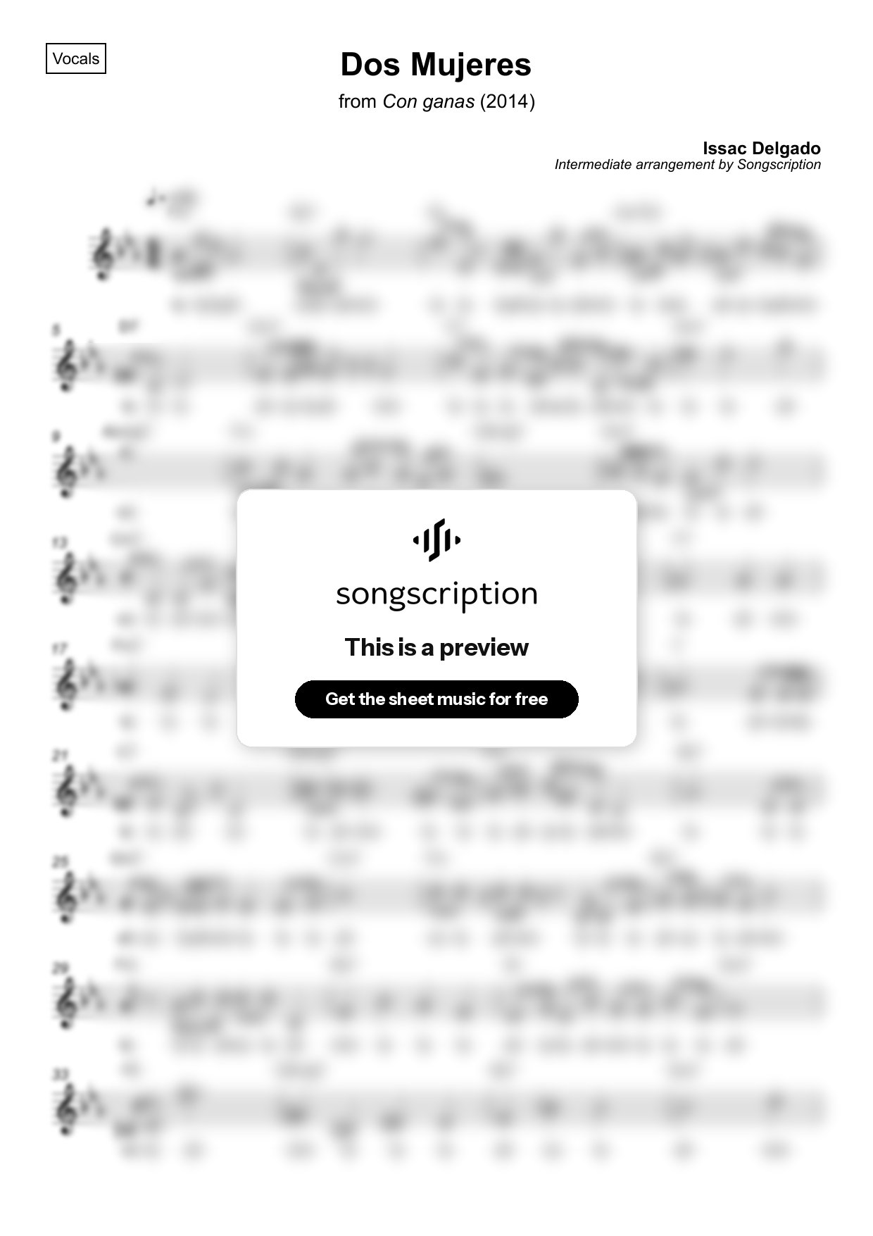 Intermediate Vocals Sheet Music for "Dos Mujeres" by Issac Delgado
