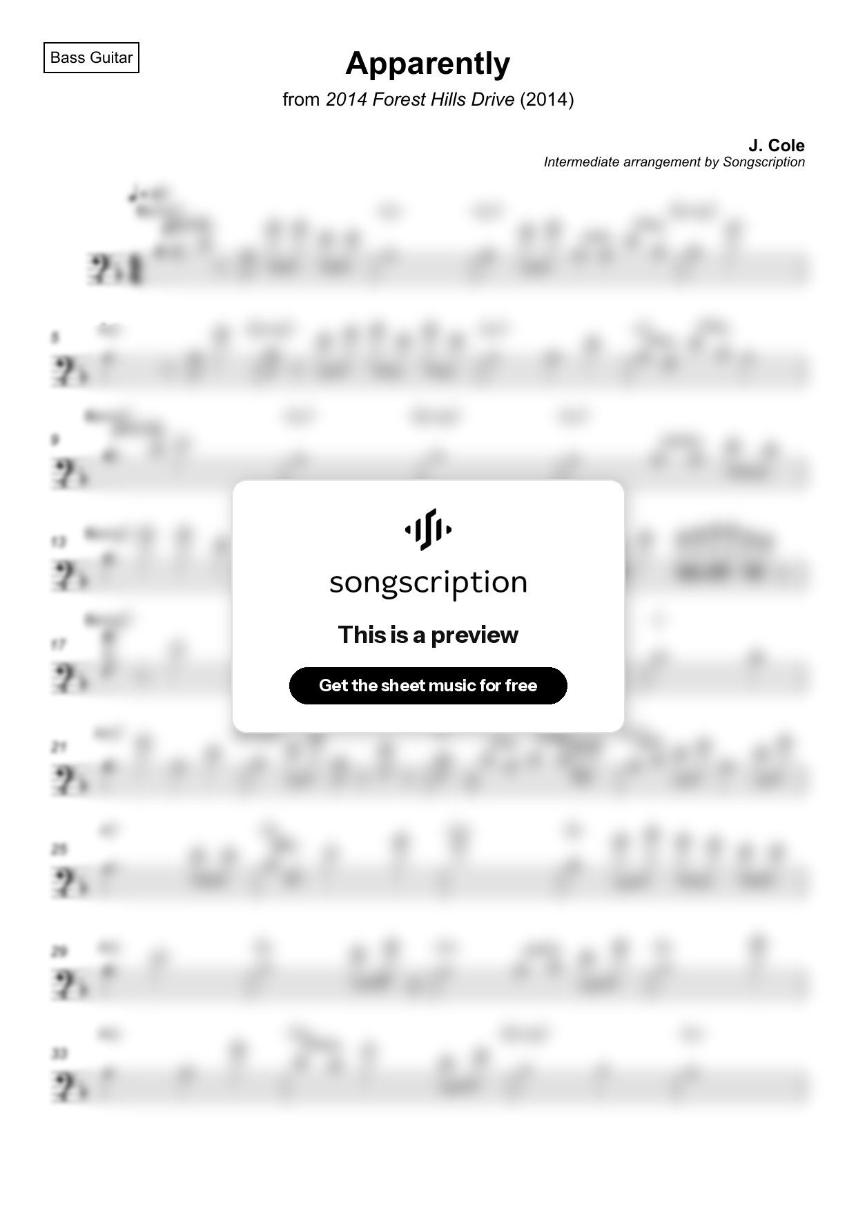 Intermediate Bass Guitar Sheet Music for "Apparently" by J. Cole
