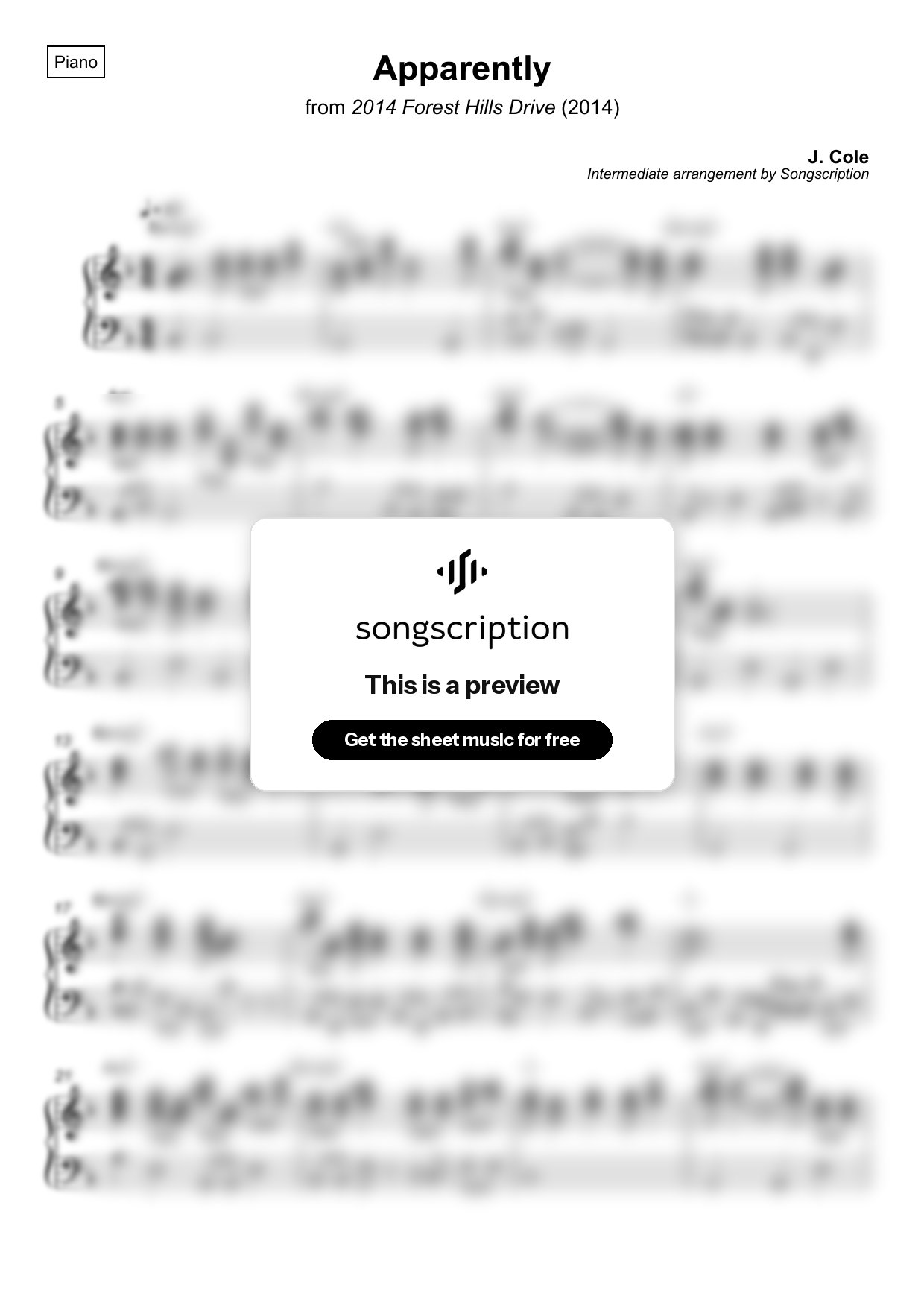 Intermediate Piano Sheet Music for "Apparently" by J. Cole