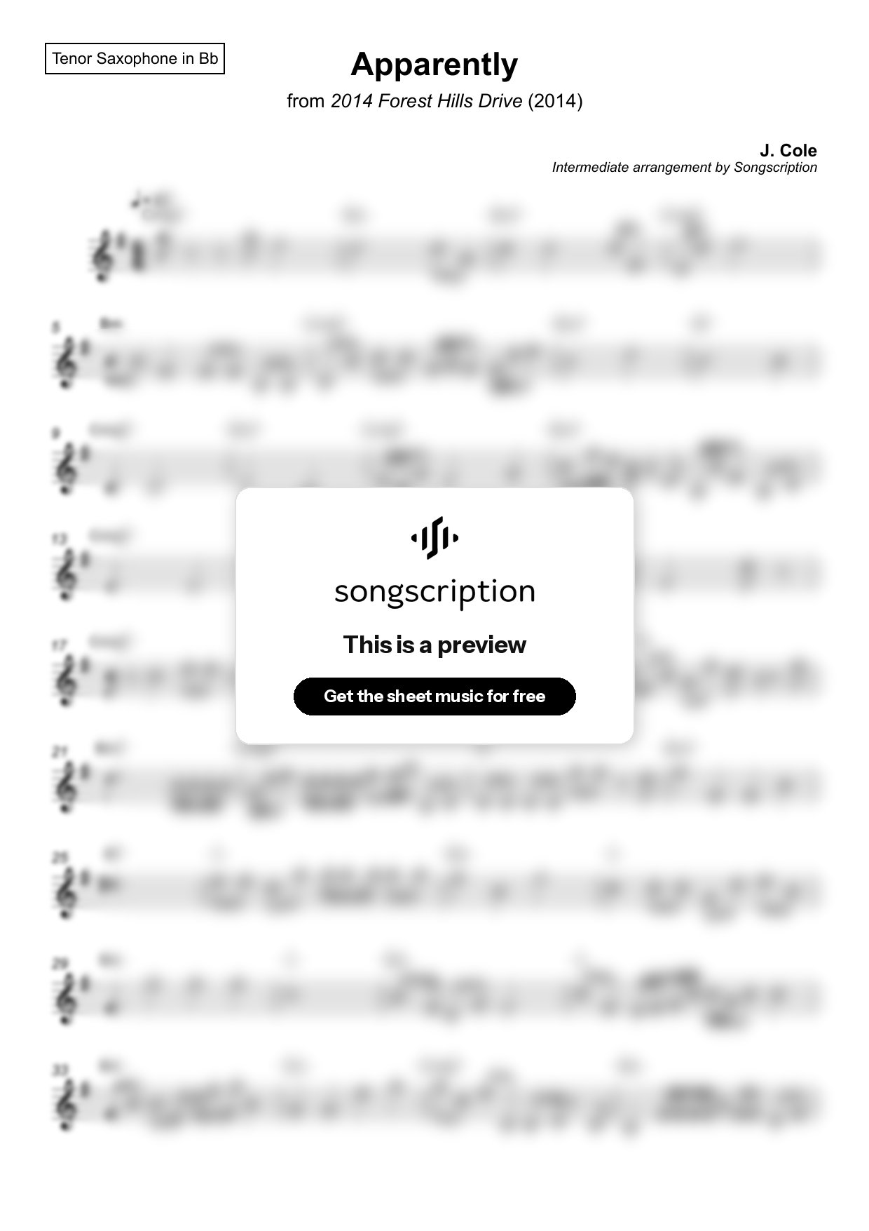 Intermediate Tenor Sax Sheet Music for "Apparently" by J. Cole