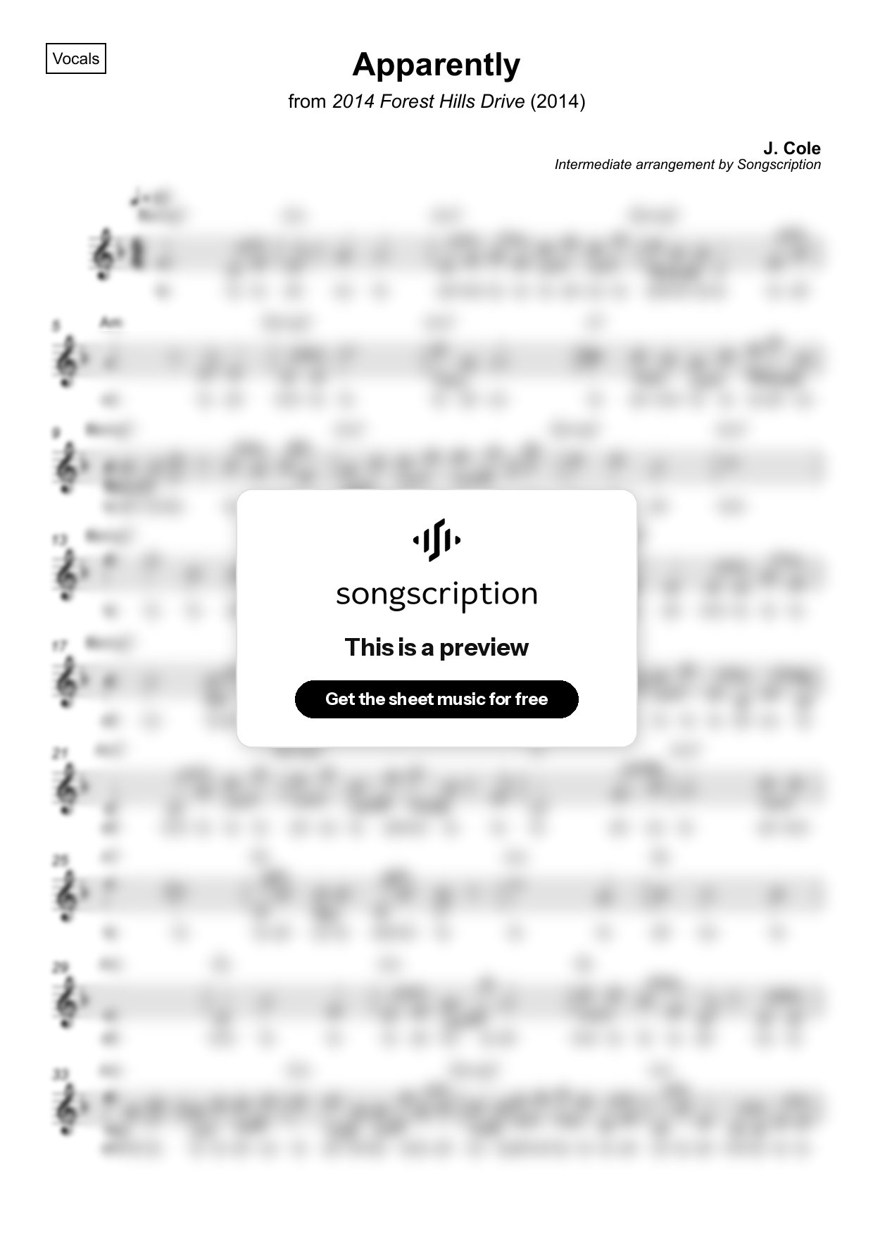 Intermediate Vocals Sheet Music for "Apparently" by J. Cole