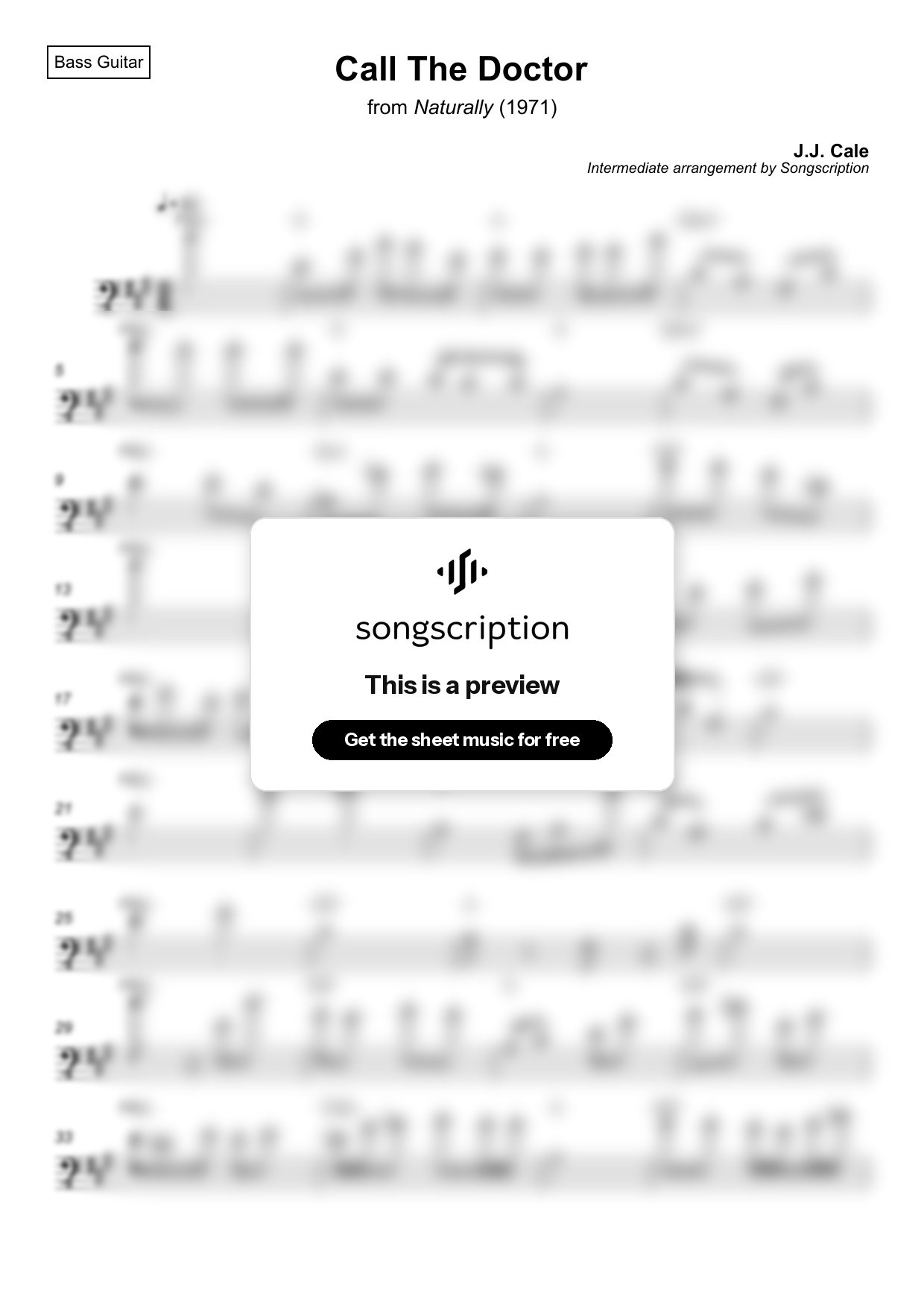Intermediate Bass Guitar Sheet Music for "Call The Doctor" by J.J. Cale