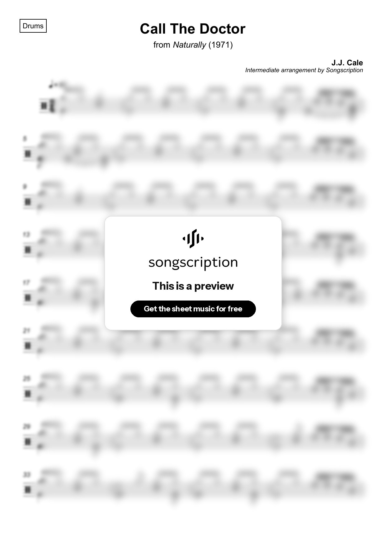 Intermediate Drums Sheet Music for "Call The Doctor" by J.J. Cale