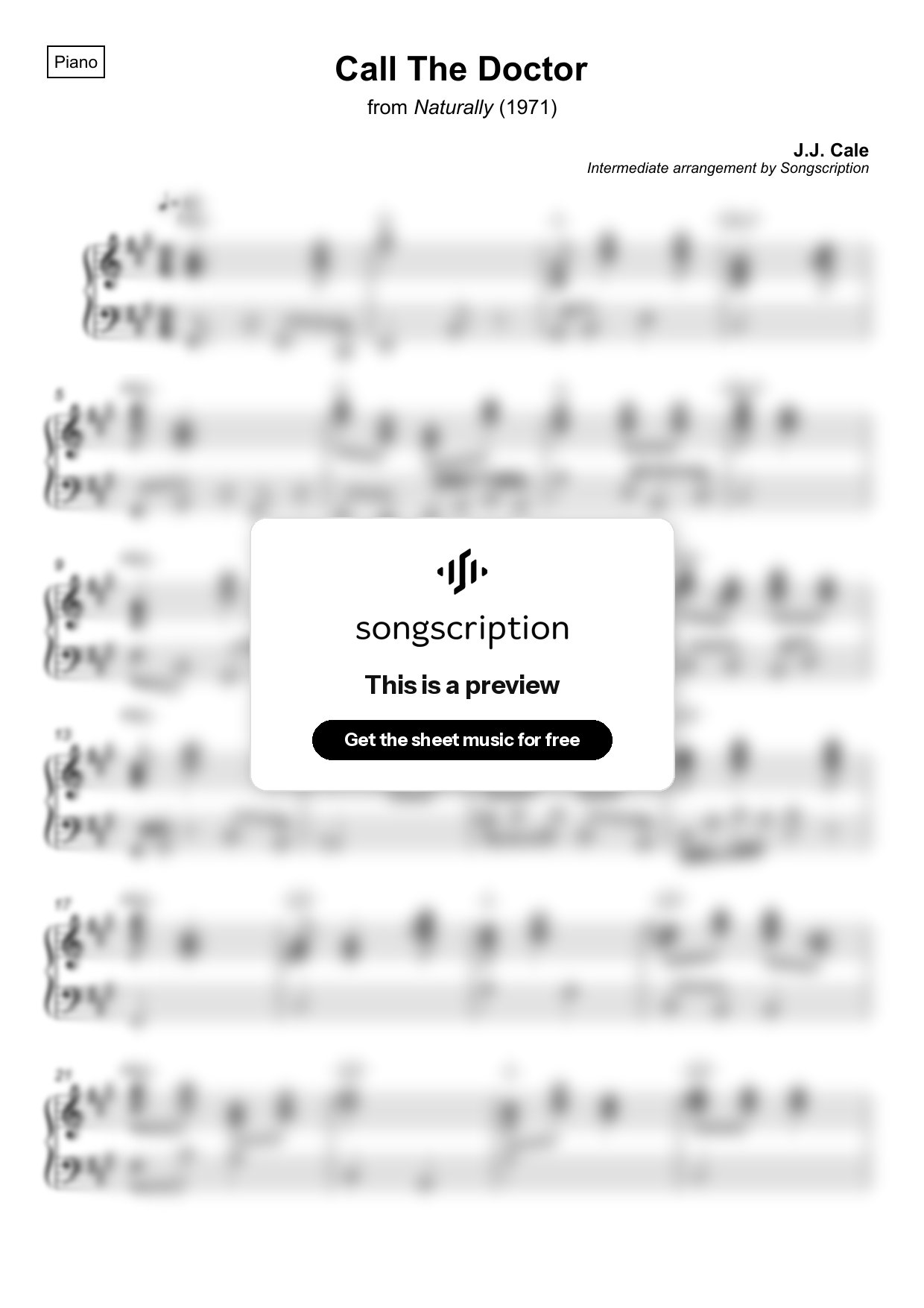 Intermediate Piano Sheet Music for "Call The Doctor" by J.J. Cale