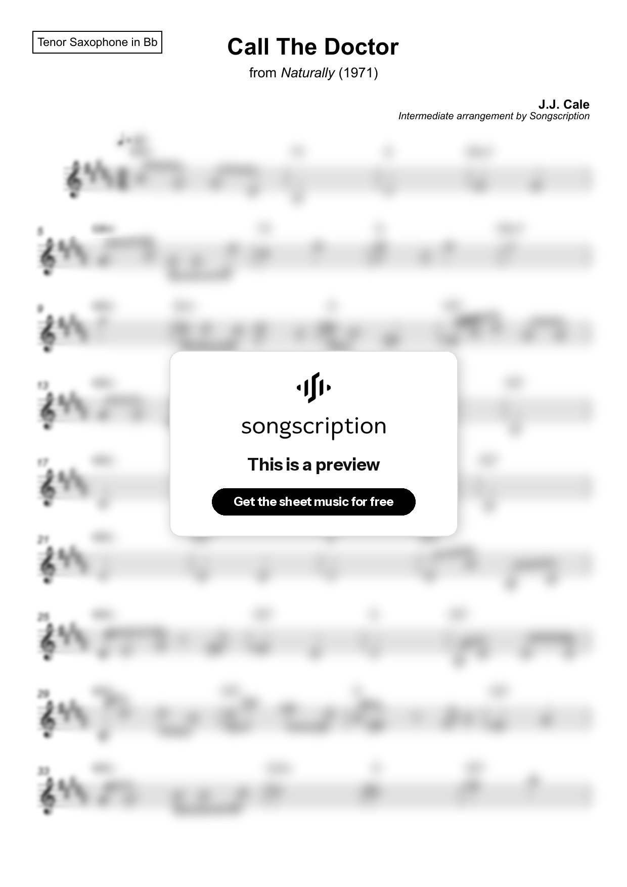 Intermediate Tenor Sax Sheet Music for "Call The Doctor" by J.J. Cale