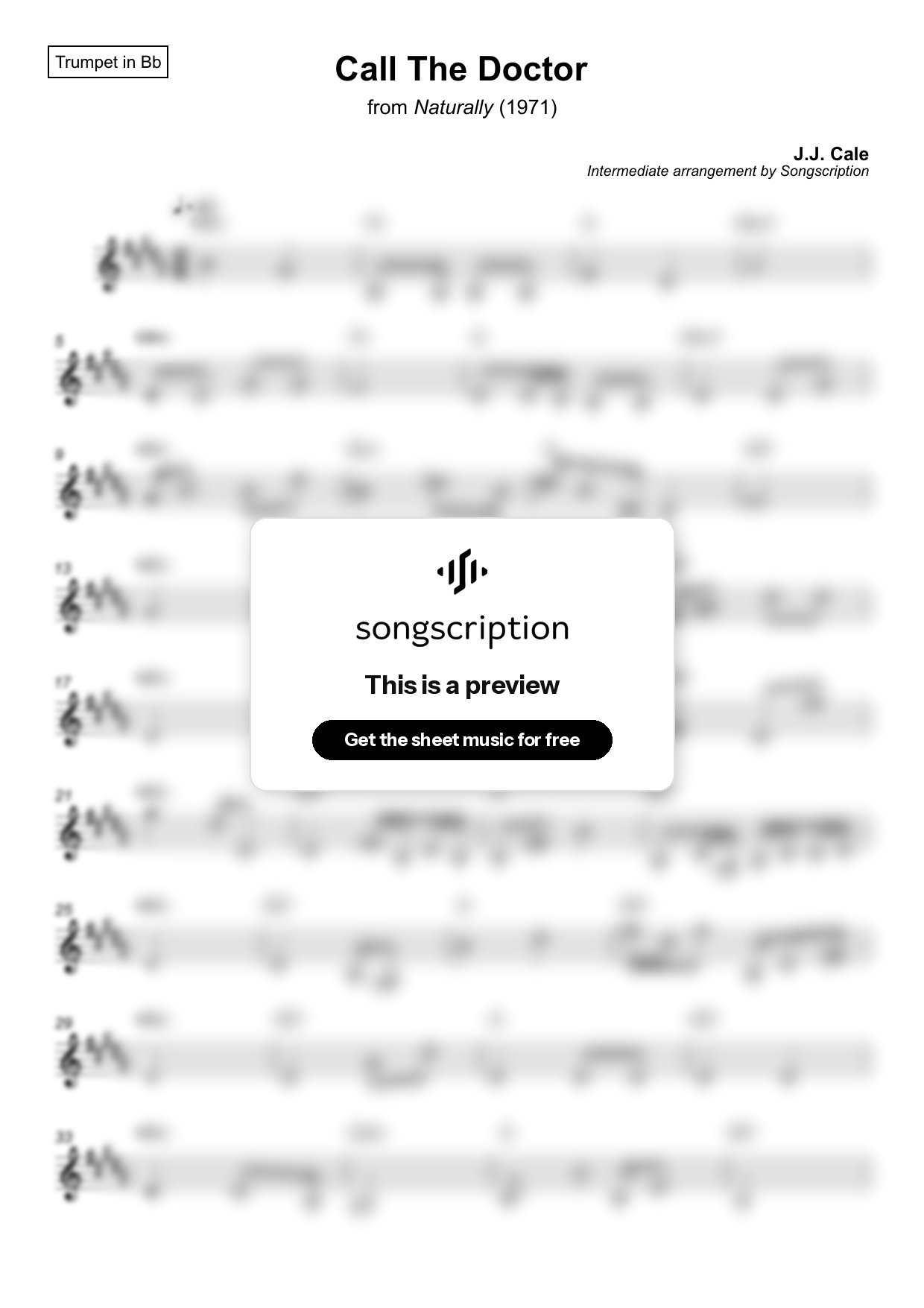 Intermediate Trumpet Sheet Music for "Call The Doctor" by J.J. Cale