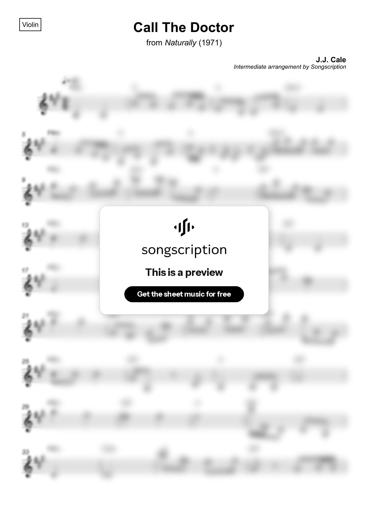 Intermediate Violin Sheet Music for "Call The Doctor" by J.J. Cale