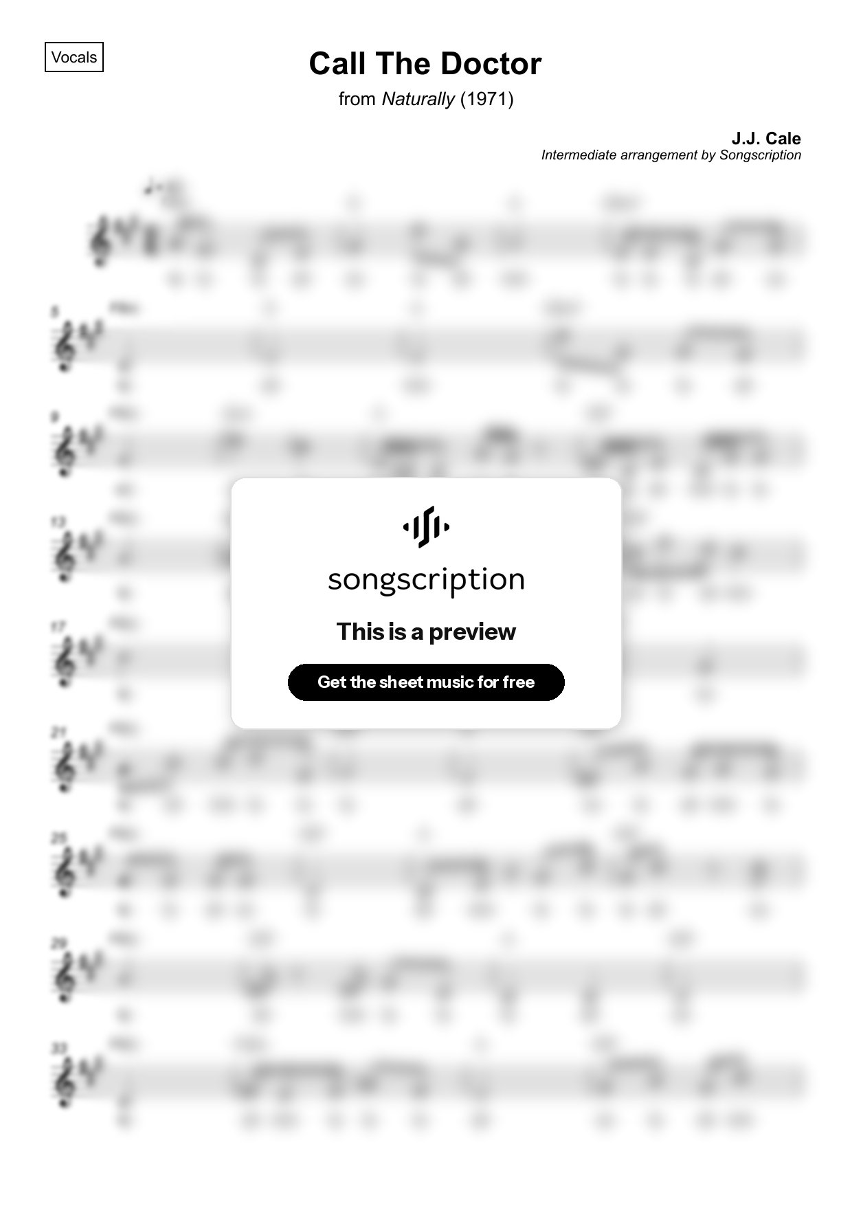 Intermediate Vocals Sheet Music for "Call The Doctor" by J.J. Cale