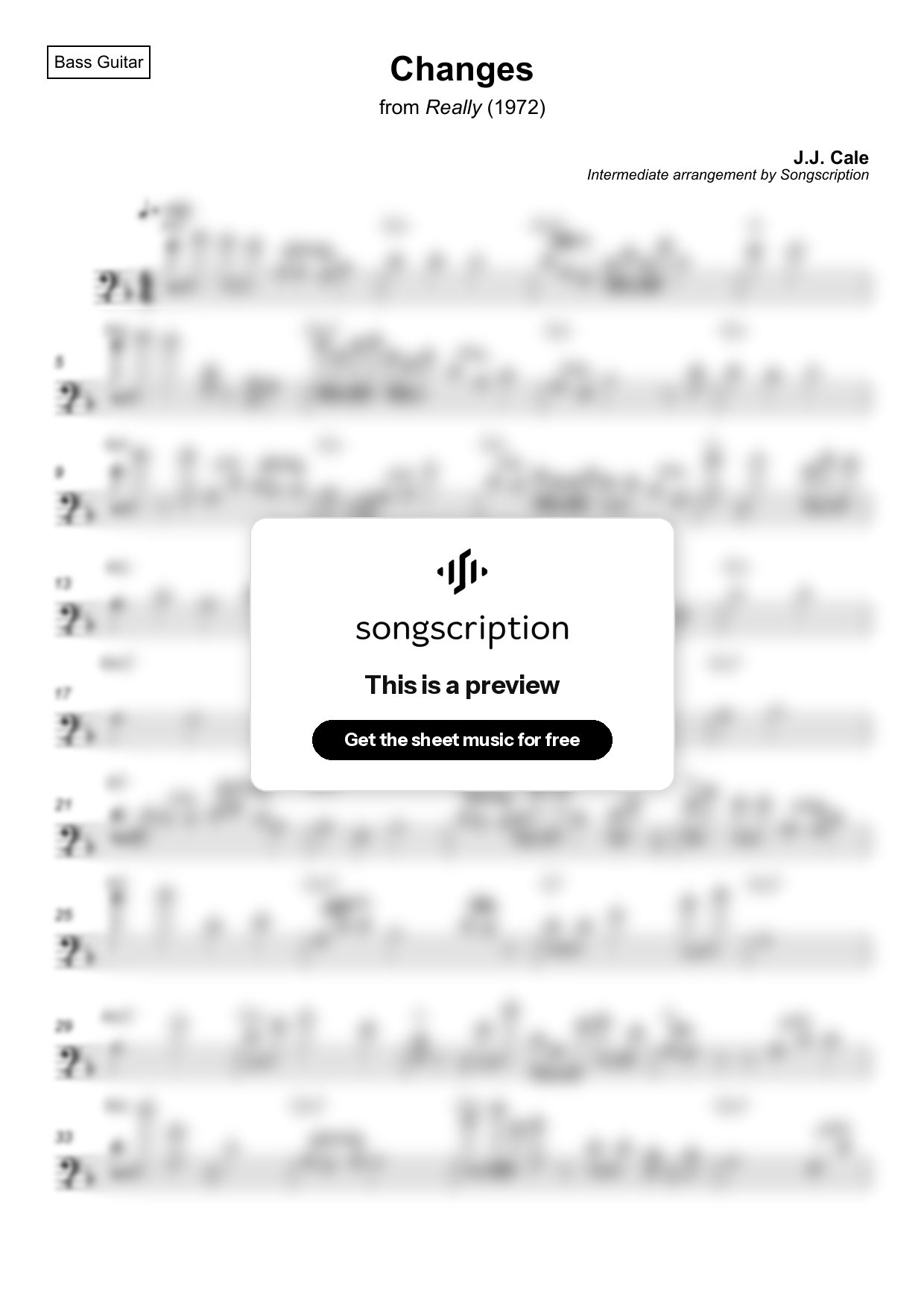 Intermediate Bass Guitar Sheet Music for "Changes" by J.J. Cale