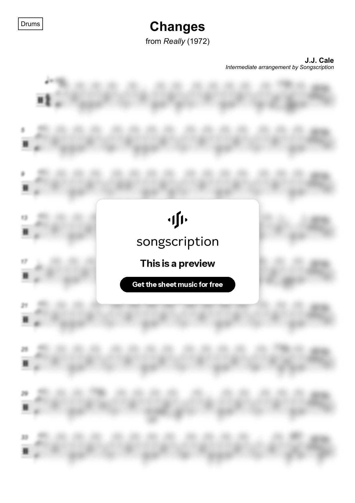 Intermediate Drums Sheet Music for "Changes" by J.J. Cale
