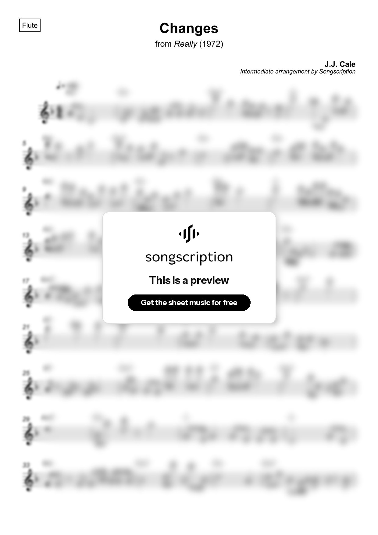 Intermediate Flute Sheet Music for "Changes" by J.J. Cale
