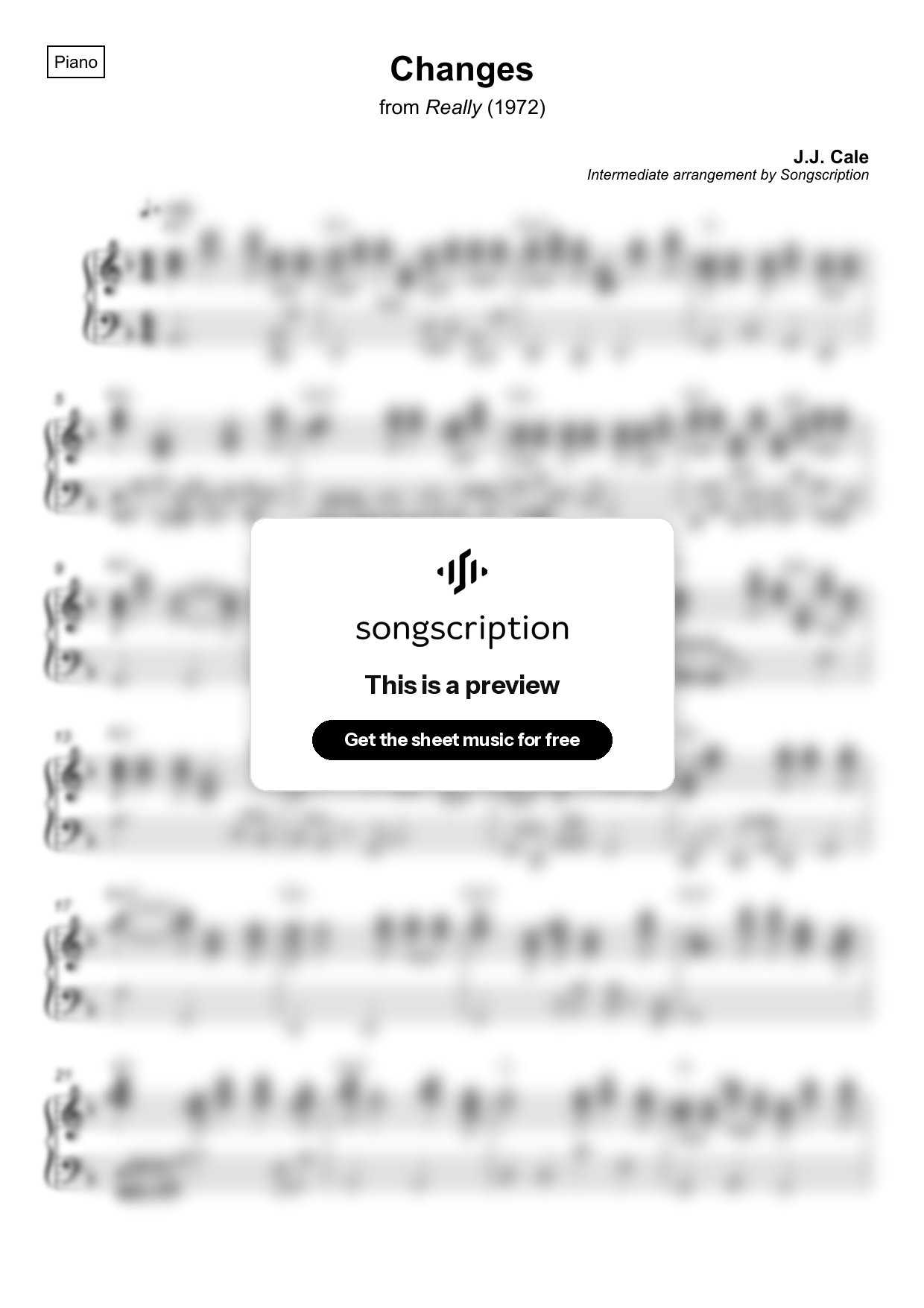 Intermediate Piano Sheet Music for "Changes" by J.J. Cale