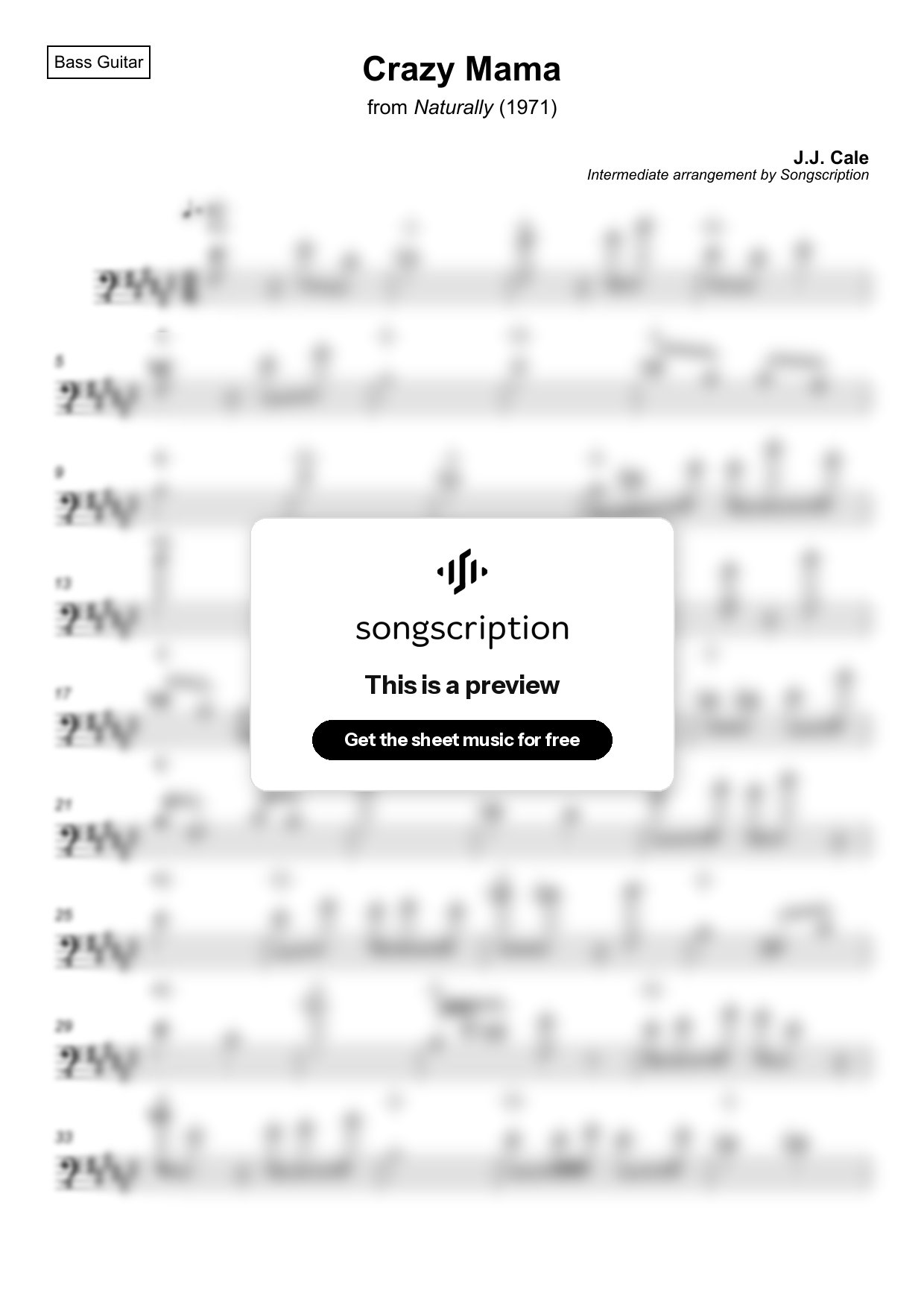 Intermediate Bass Guitar Sheet Music for "Crazy Mama" by J.J. Cale