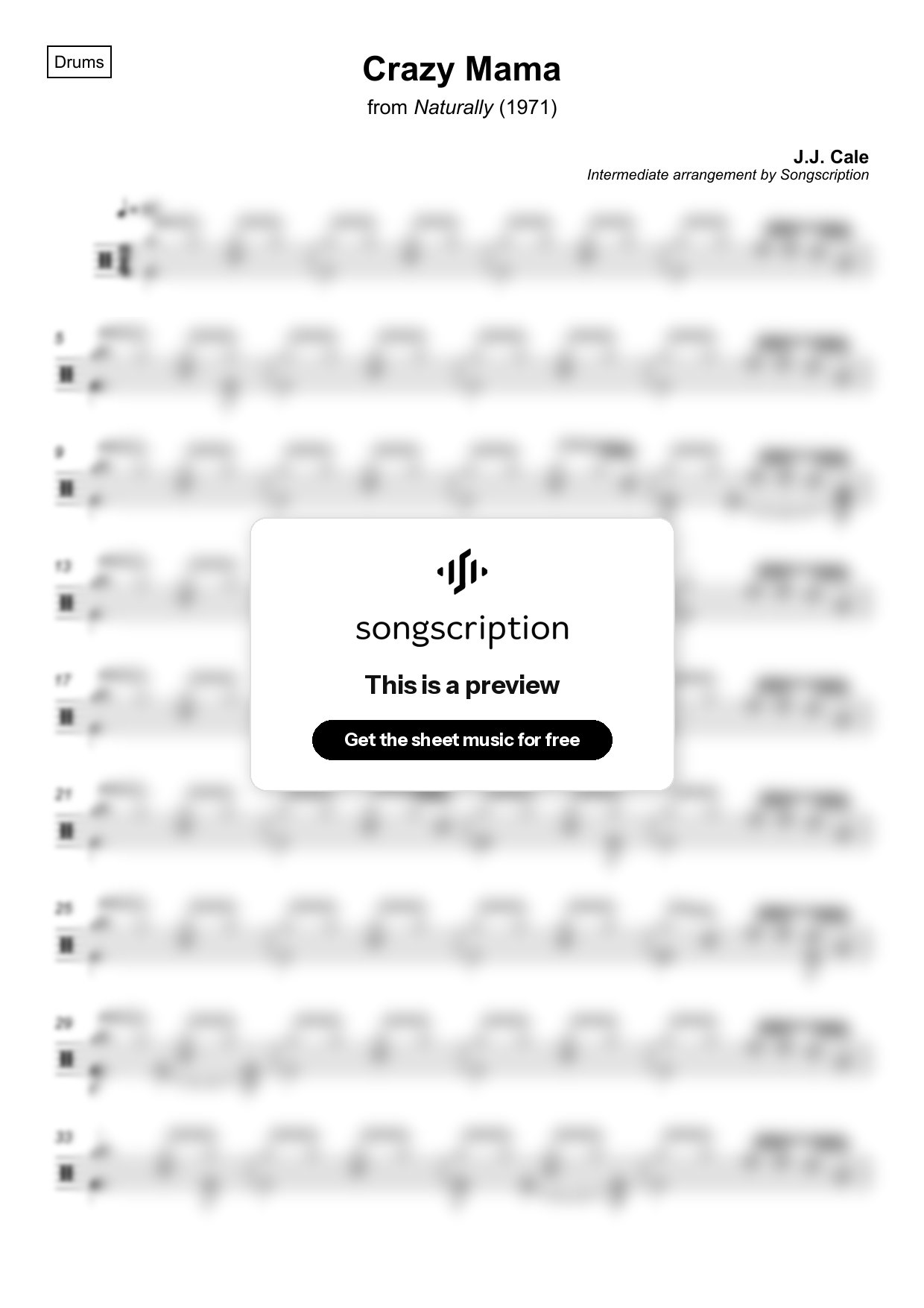 Intermediate Drums Sheet Music for "Crazy Mama" by J.J. Cale