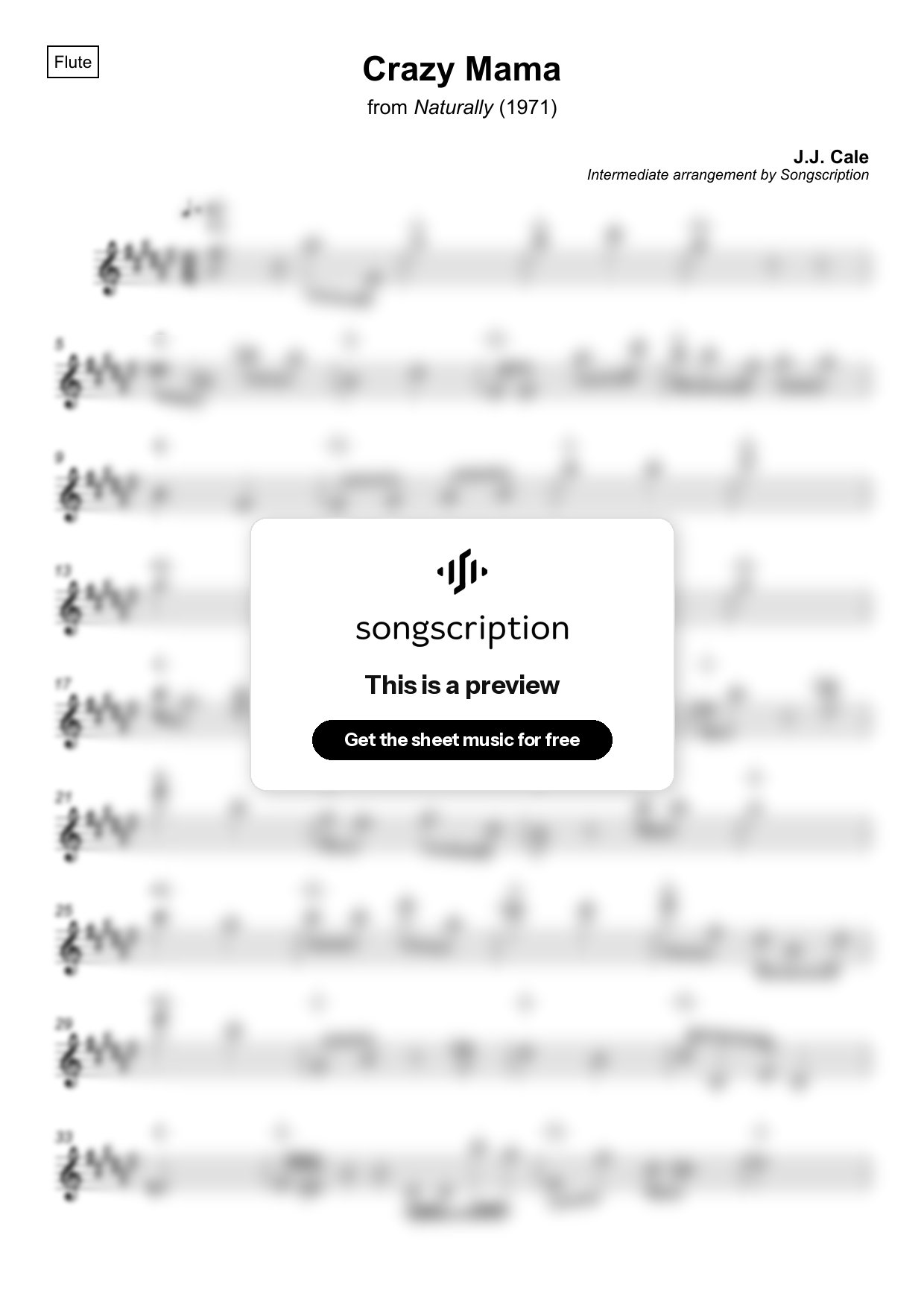 Intermediate Flute Sheet Music for "Crazy Mama" by J.J. Cale