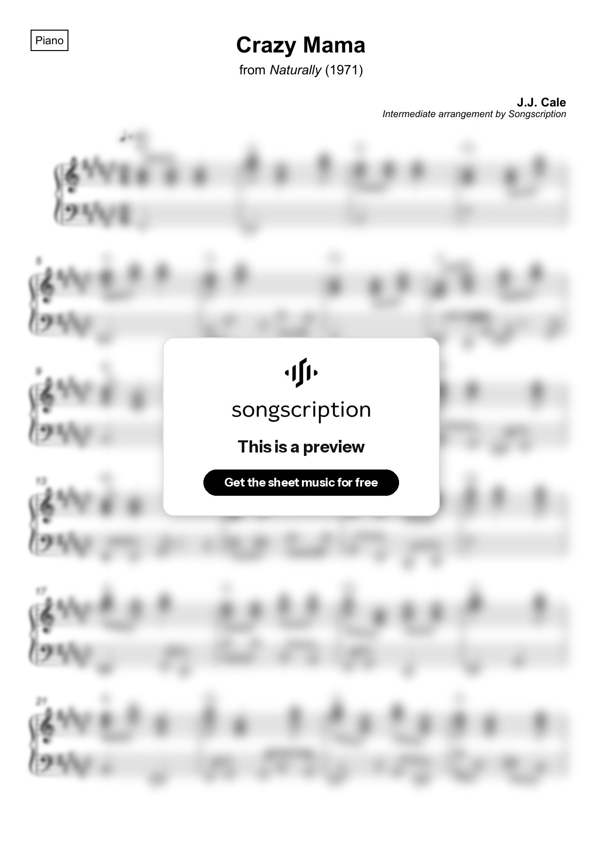Intermediate Piano Sheet Music for "Crazy Mama" by J.J. Cale