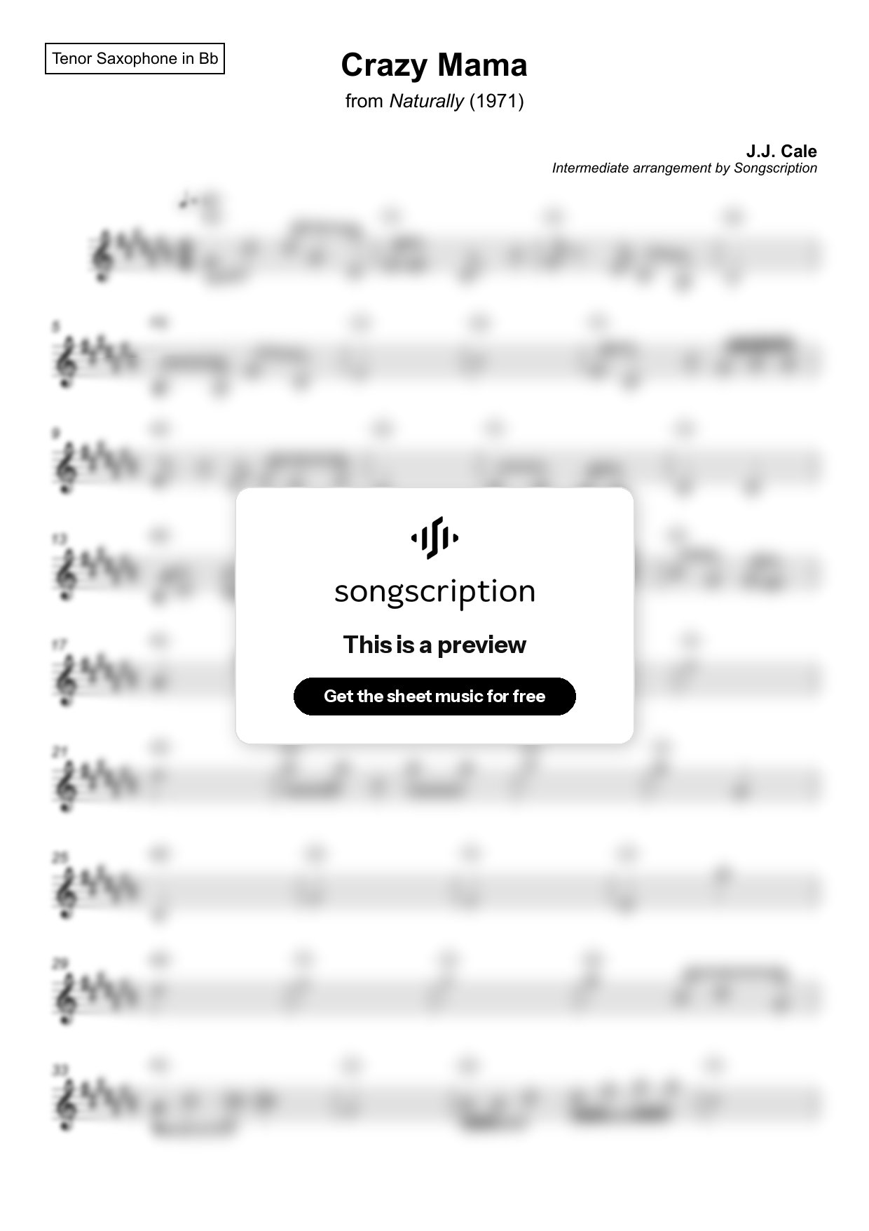 Intermediate Tenor Sax Sheet Music for "Crazy Mama" by J.J. Cale