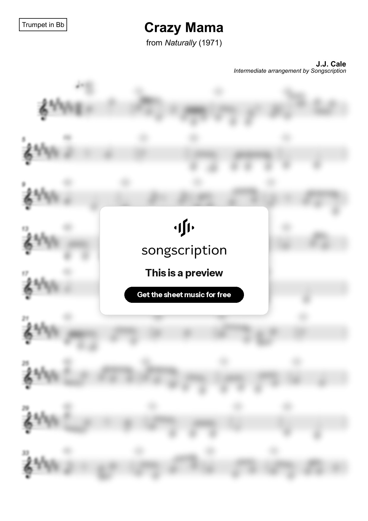 Intermediate Trumpet Sheet Music for "Crazy Mama" by J.J. Cale
