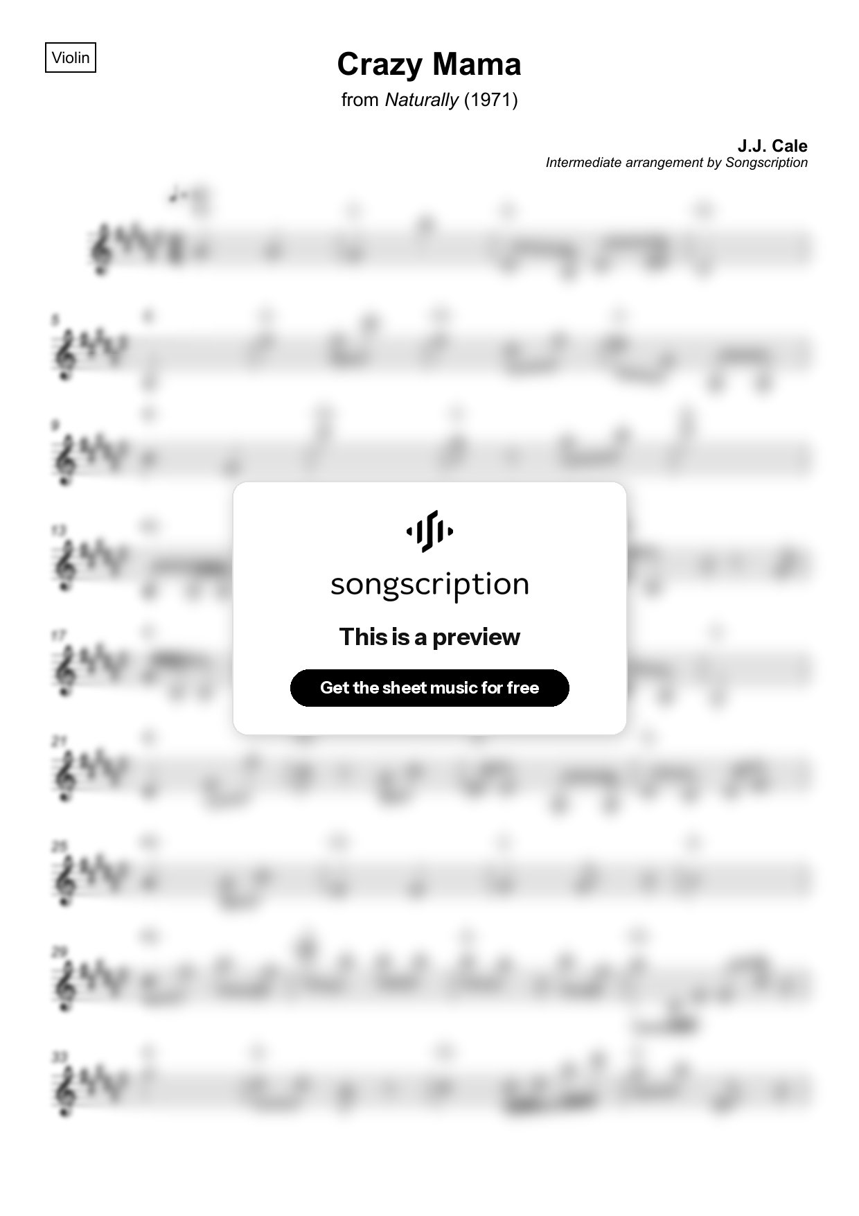 Intermediate Violin Sheet Music for "Crazy Mama" by J.J. Cale