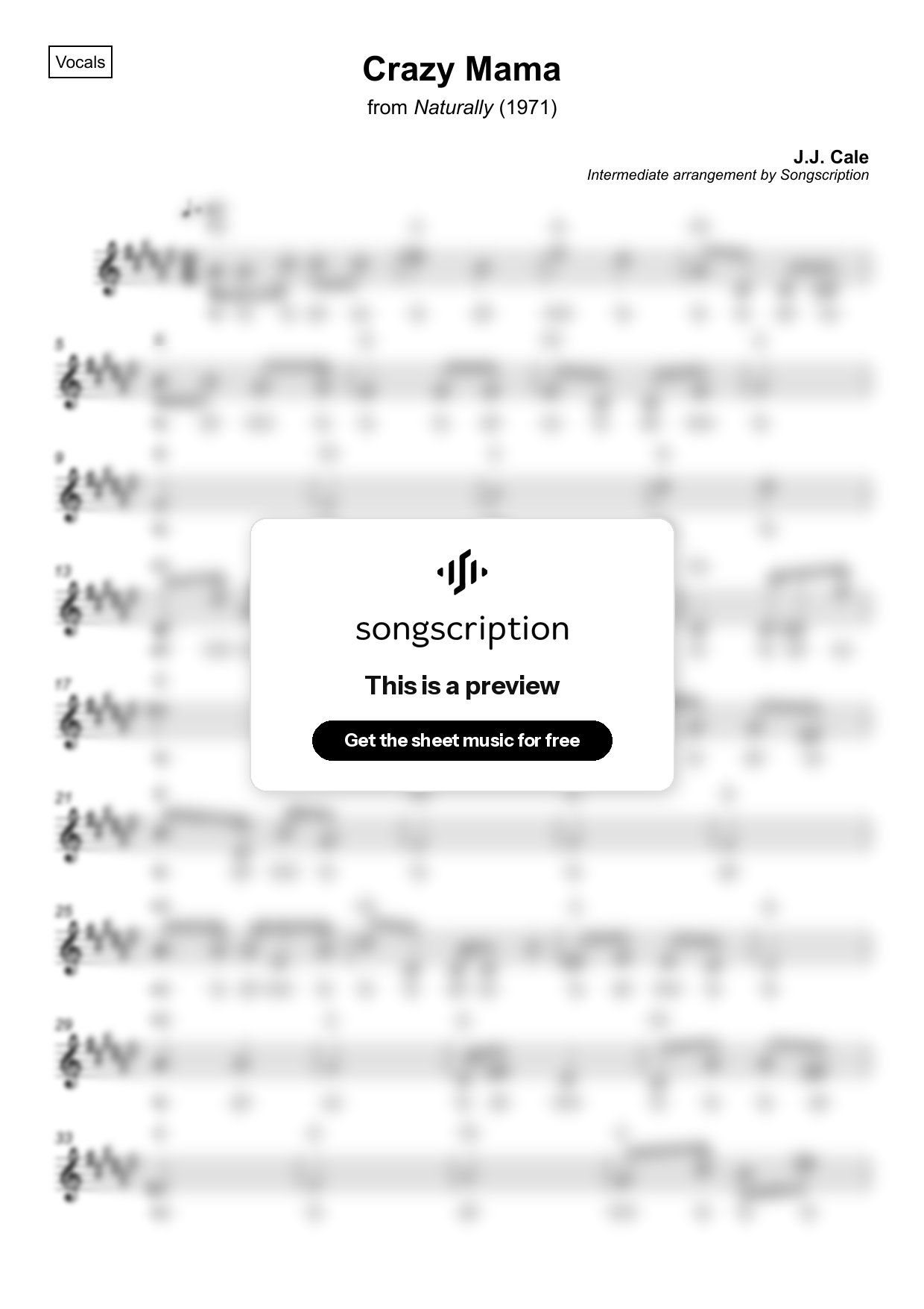 Intermediate Vocals Sheet Music for "Crazy Mama" by J.J. Cale