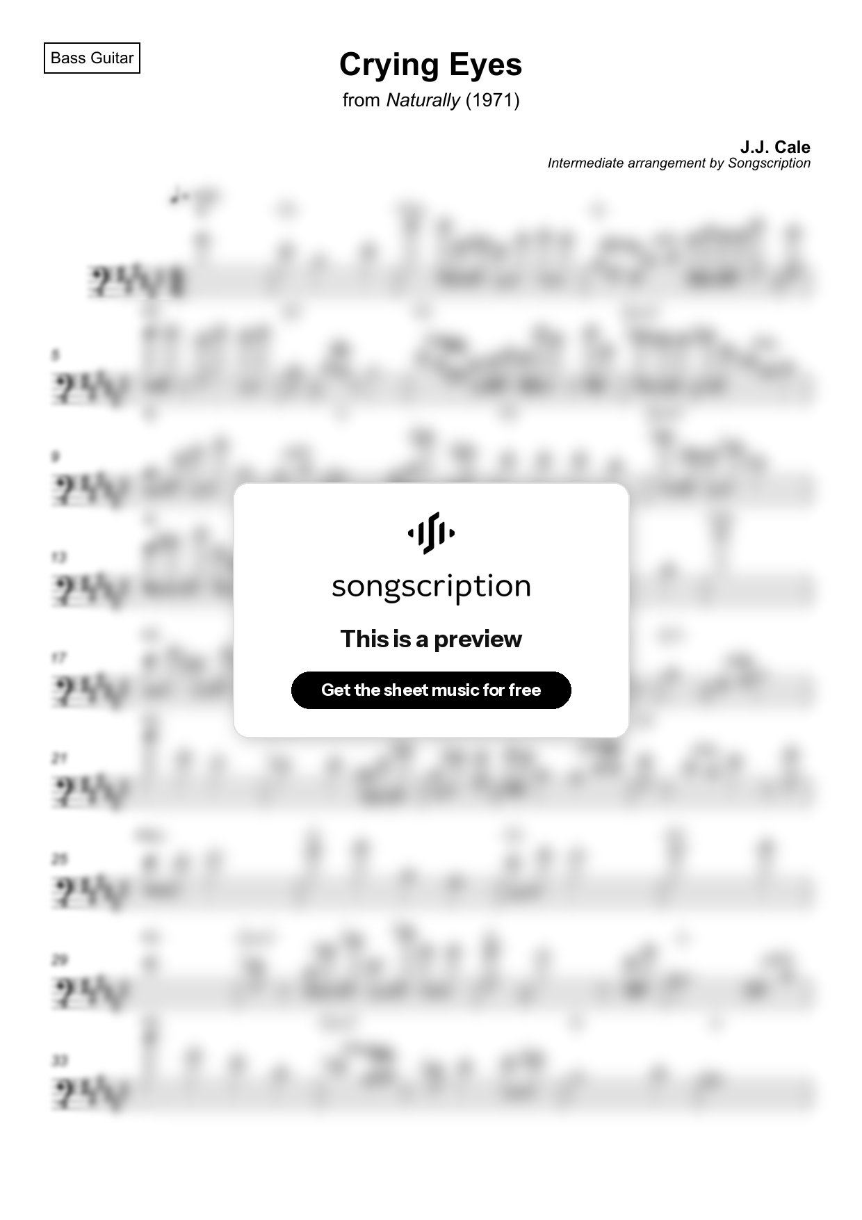 Intermediate Bass Guitar Sheet Music for "Crying Eyes" by J.J. Cale