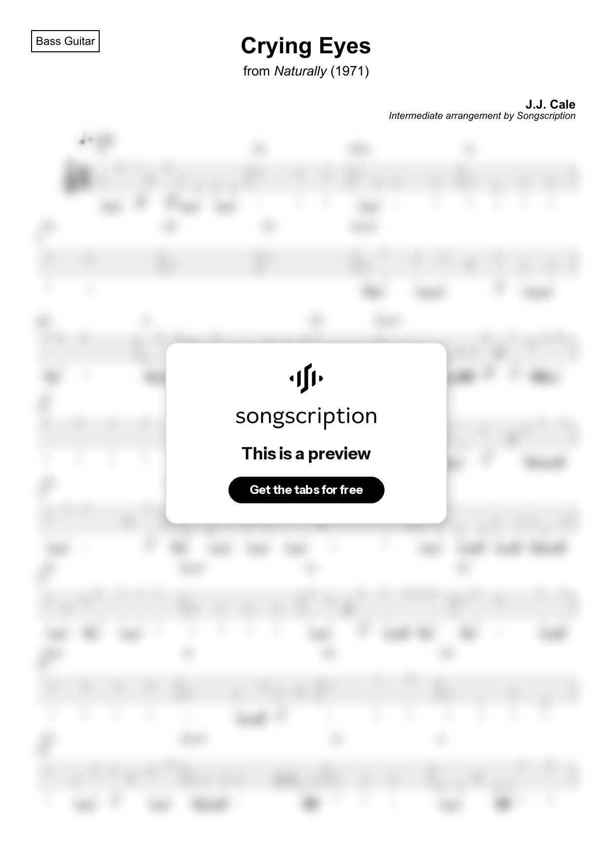 Intermediate Bass Guitar Tabs for "Crying Eyes" by J.J. Cale