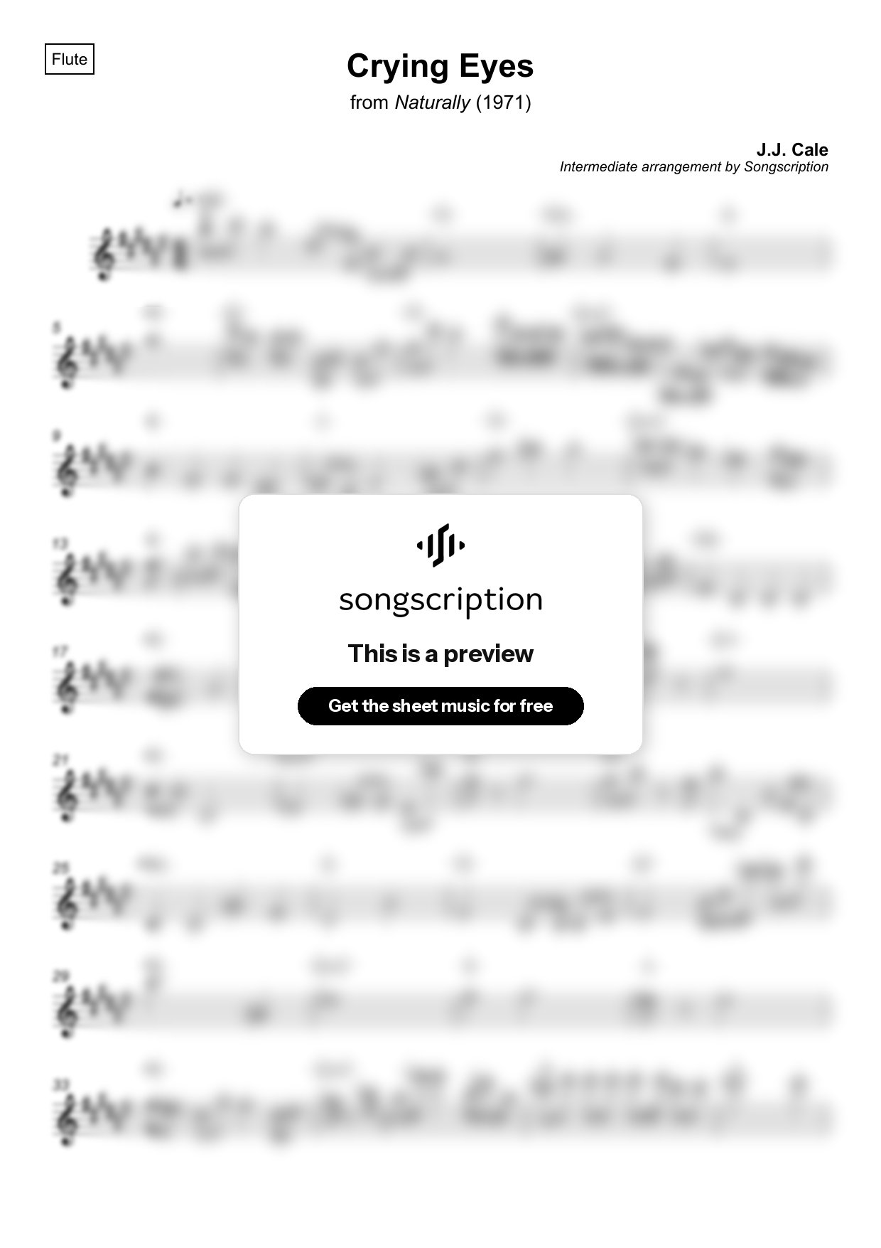 Intermediate Flute Sheet Music for "Crying Eyes" by J.J. Cale