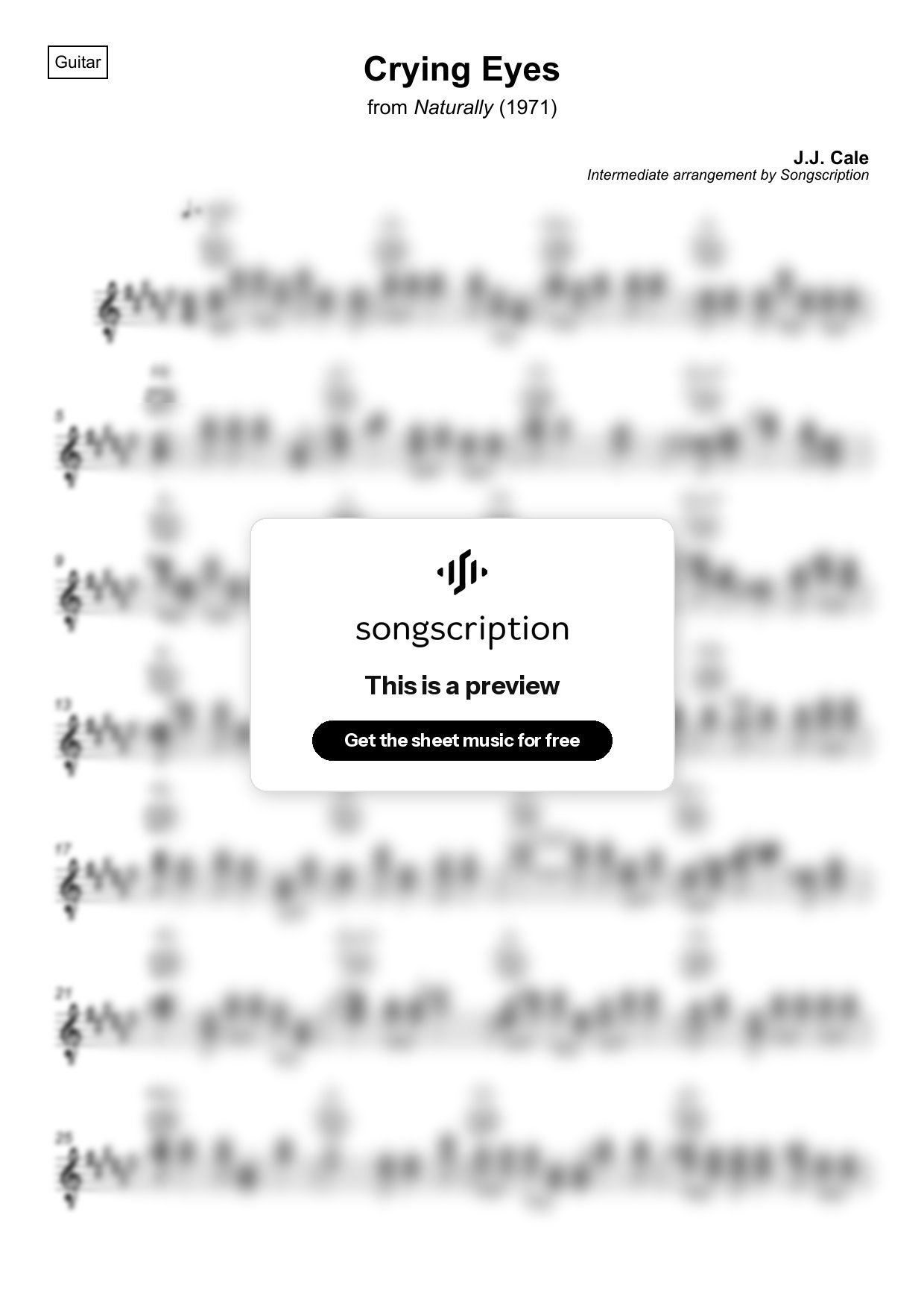 Intermediate Acoustic Guitar Sheet Music for "Crying Eyes" by J.J. Cale
