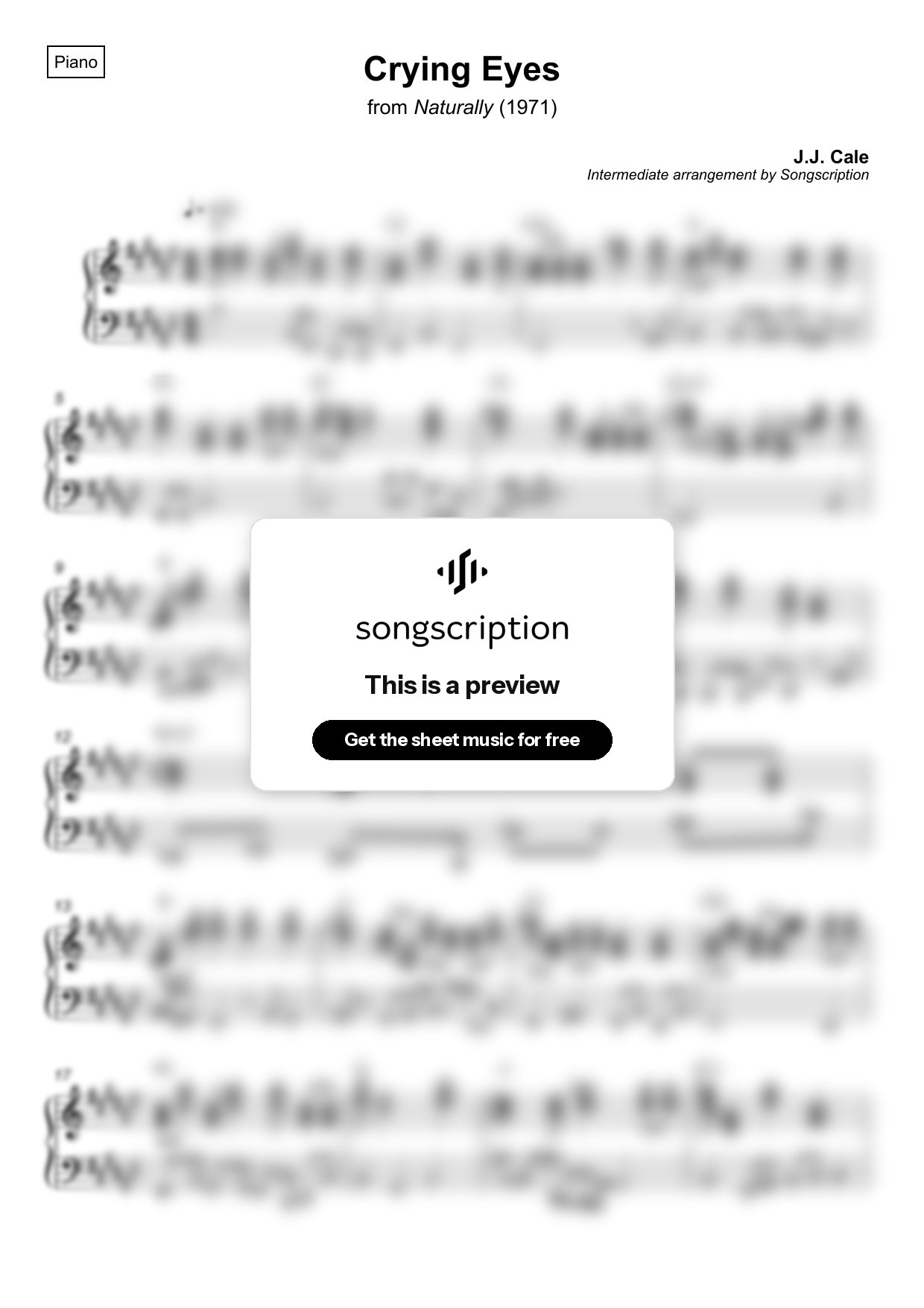 Intermediate Piano Sheet Music for "Crying Eyes" by J.J. Cale