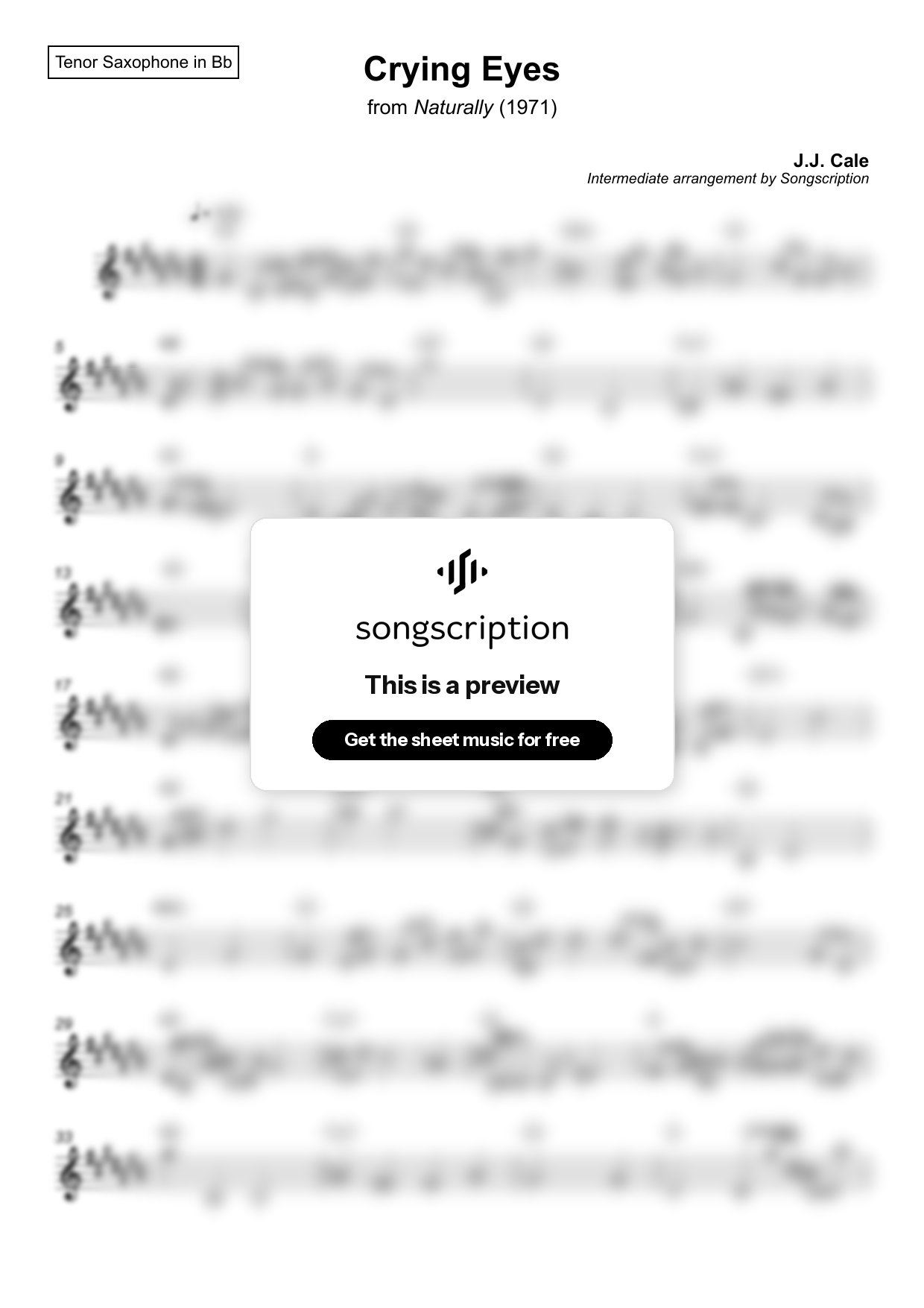 Intermediate Tenor Sax Sheet Music for "Crying Eyes" by J.J. Cale