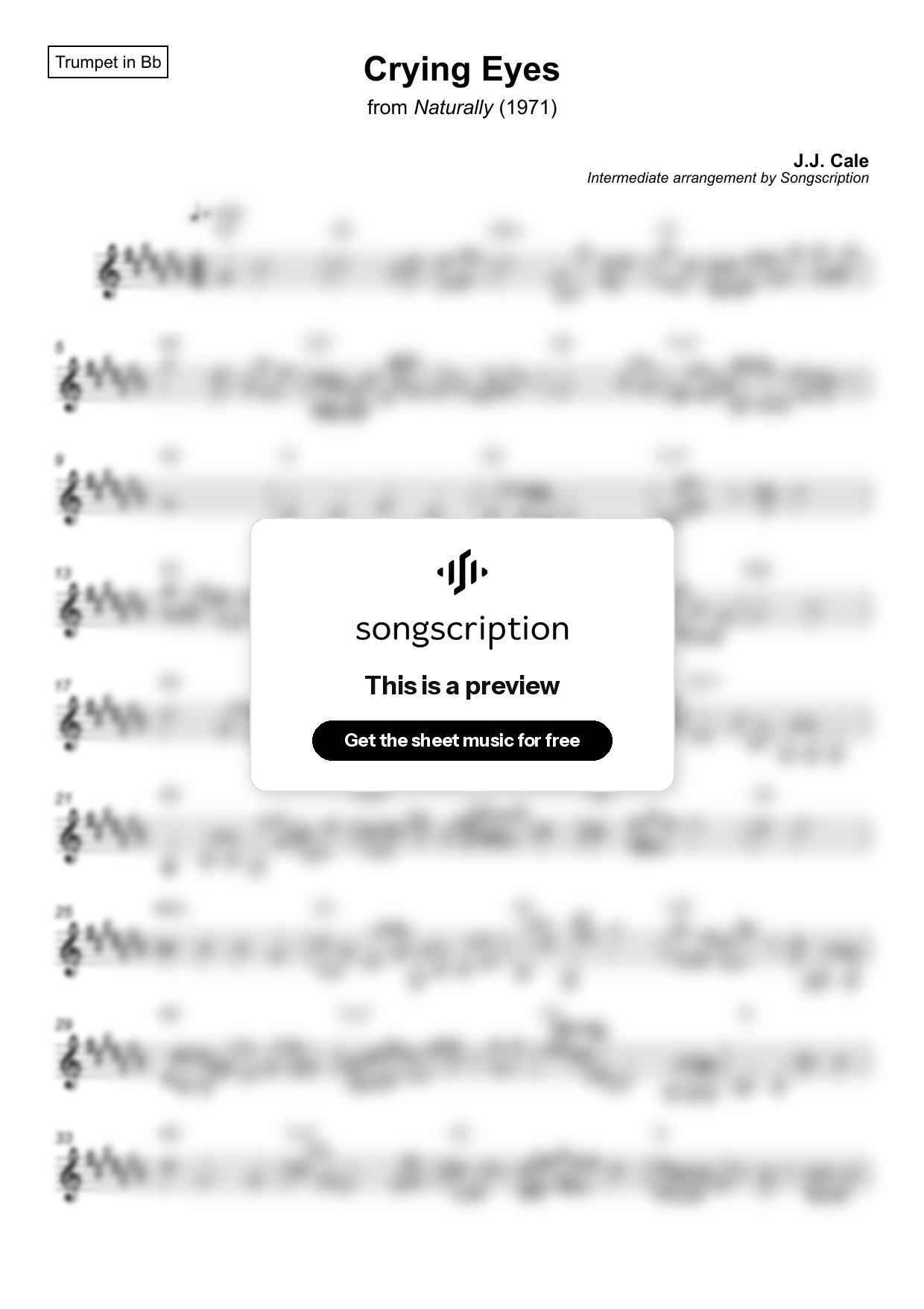 Intermediate Trumpet Sheet Music for "Crying Eyes" by J.J. Cale