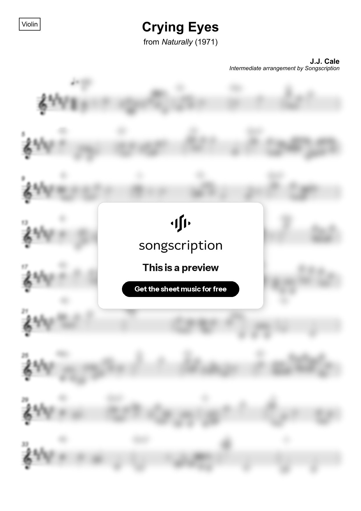 Intermediate Violin Sheet Music for "Crying Eyes" by J.J. Cale