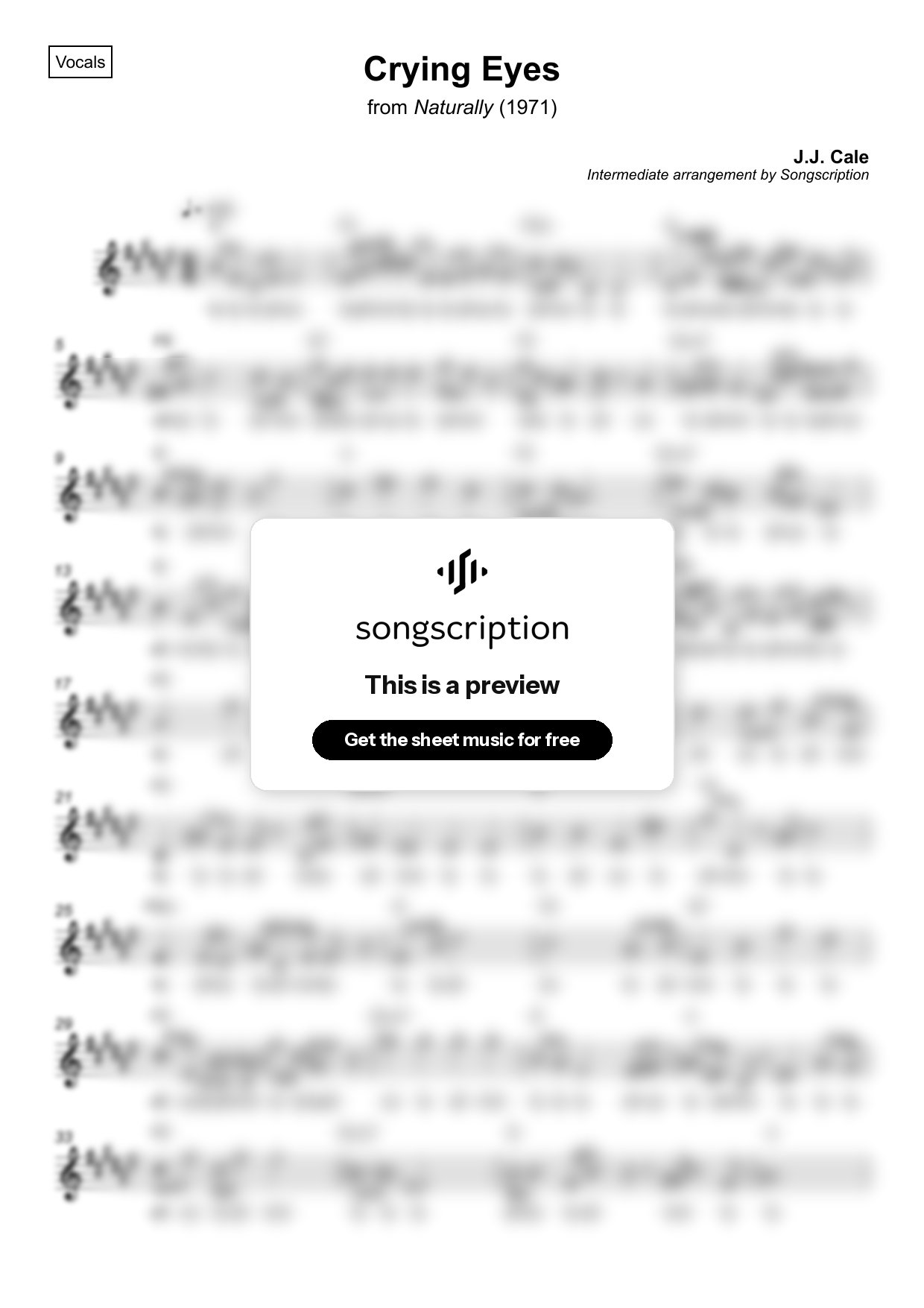 Intermediate Vocals Sheet Music for "Crying Eyes" by J.J. Cale