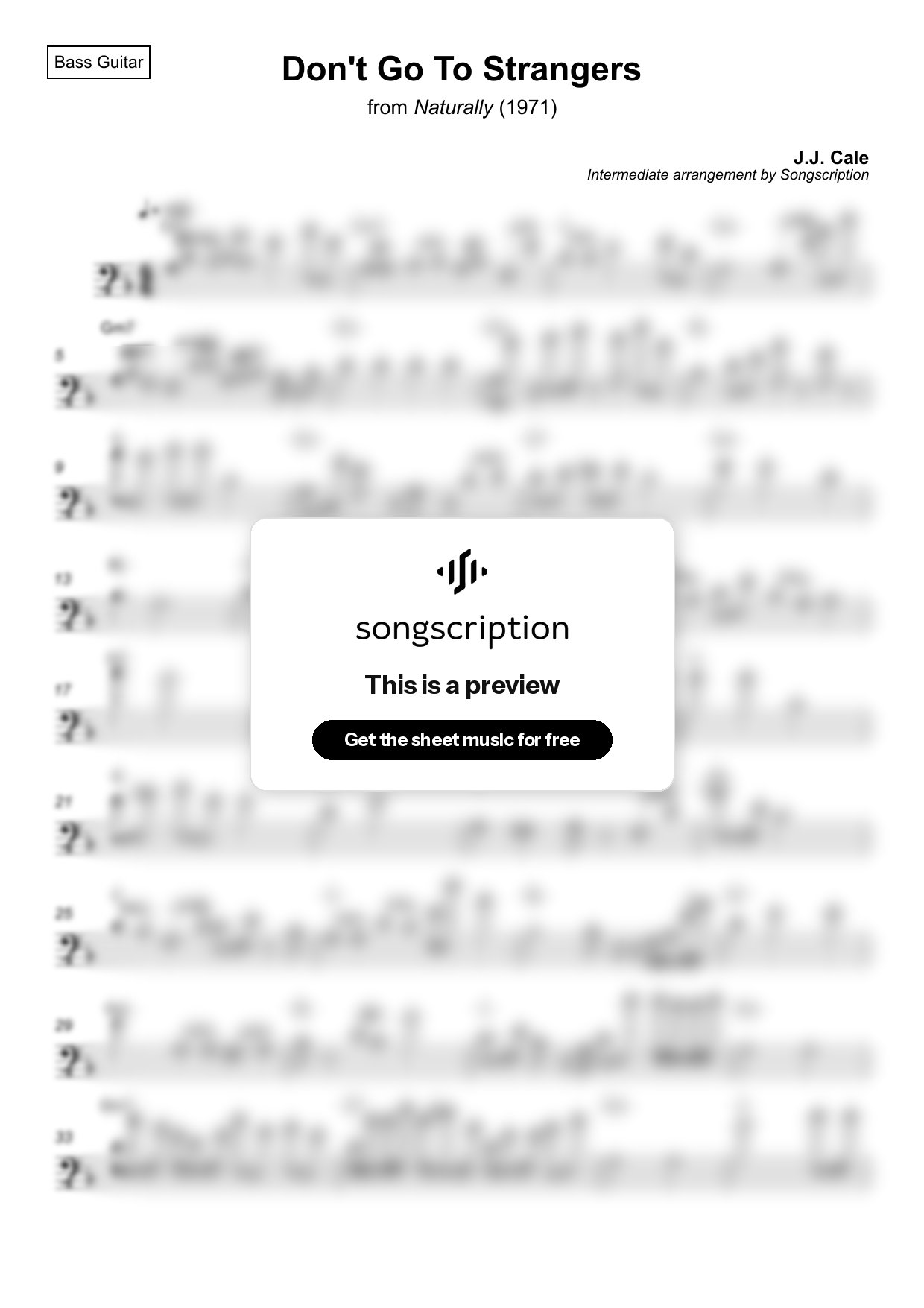 Intermediate Bass Guitar Sheet Music for "Don't Go To Strangers" by J.J. Cale
