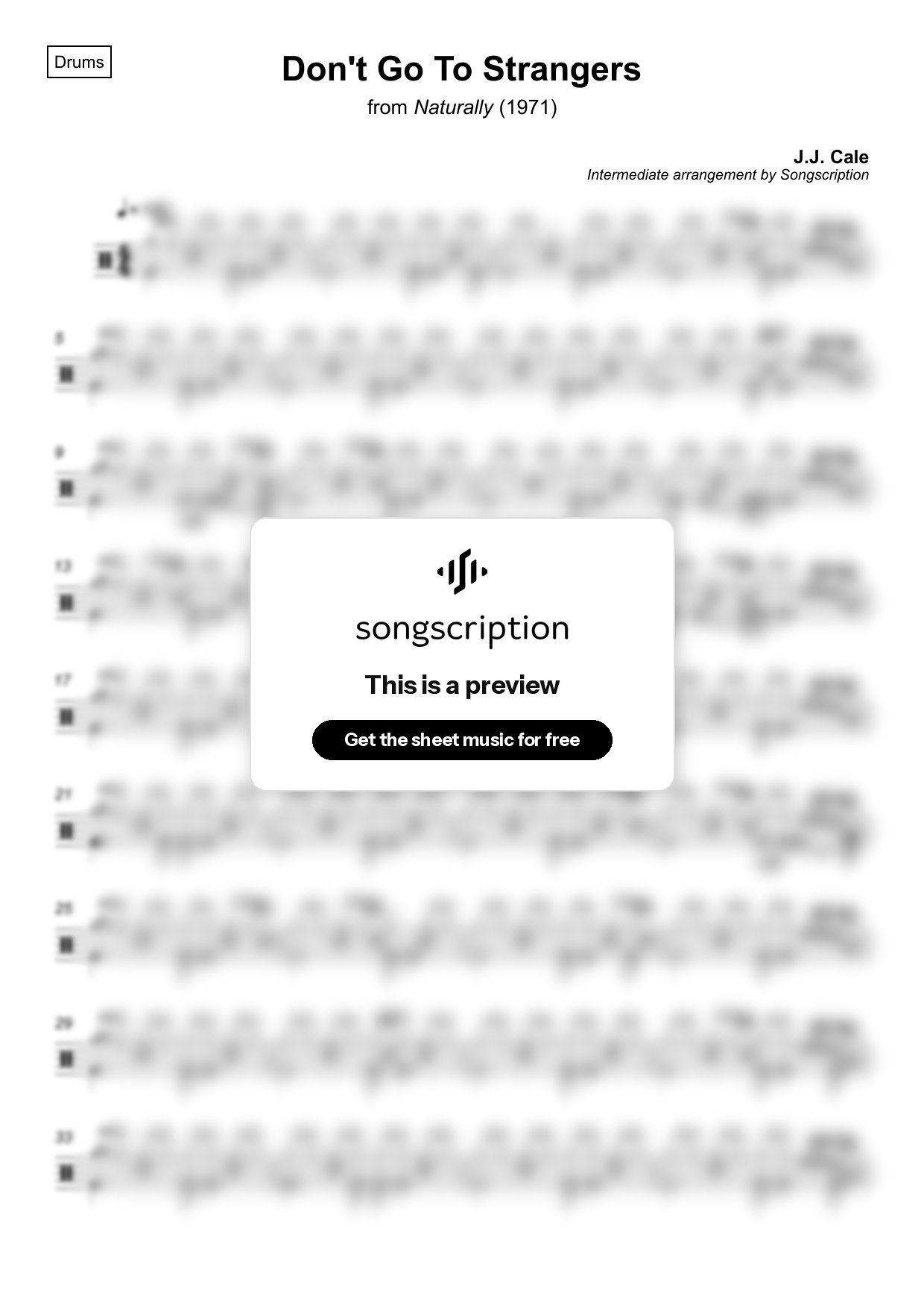 Intermediate Drums Sheet Music for "Don't Go To Strangers" by J.J. Cale
