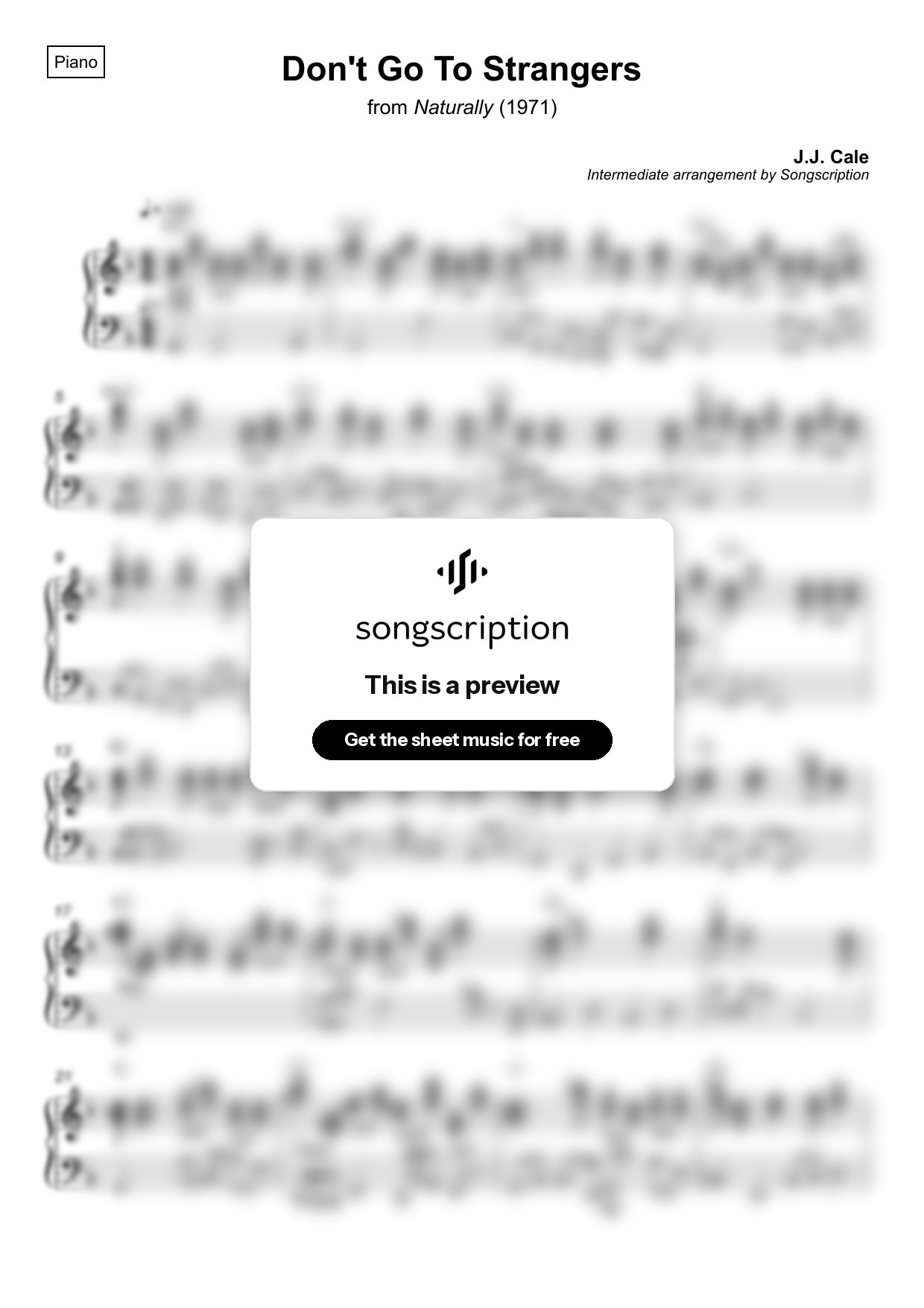 Intermediate Piano Sheet Music for "Don't Go To Strangers" by J.J. Cale