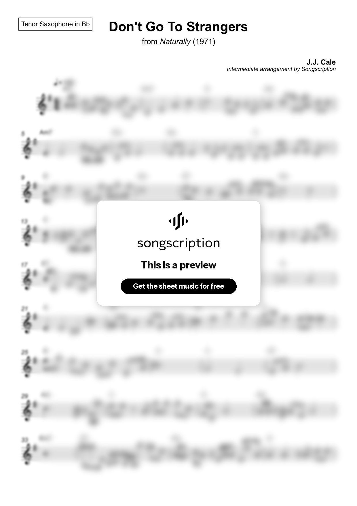 Intermediate Tenor Sax Sheet Music for "Don't Go To Strangers" by J.J. Cale