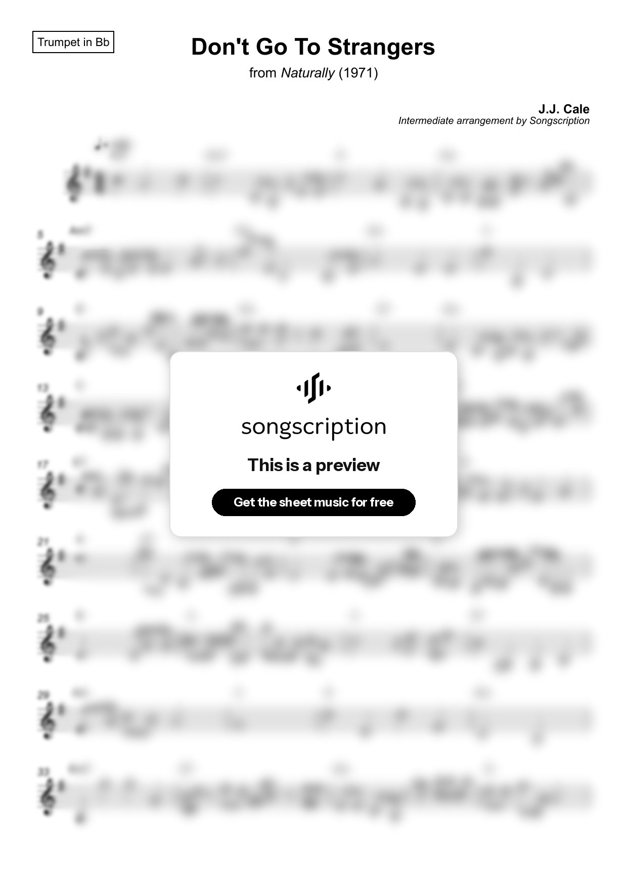 Intermediate Trumpet Sheet Music for "Don't Go To Strangers" by J.J. Cale
