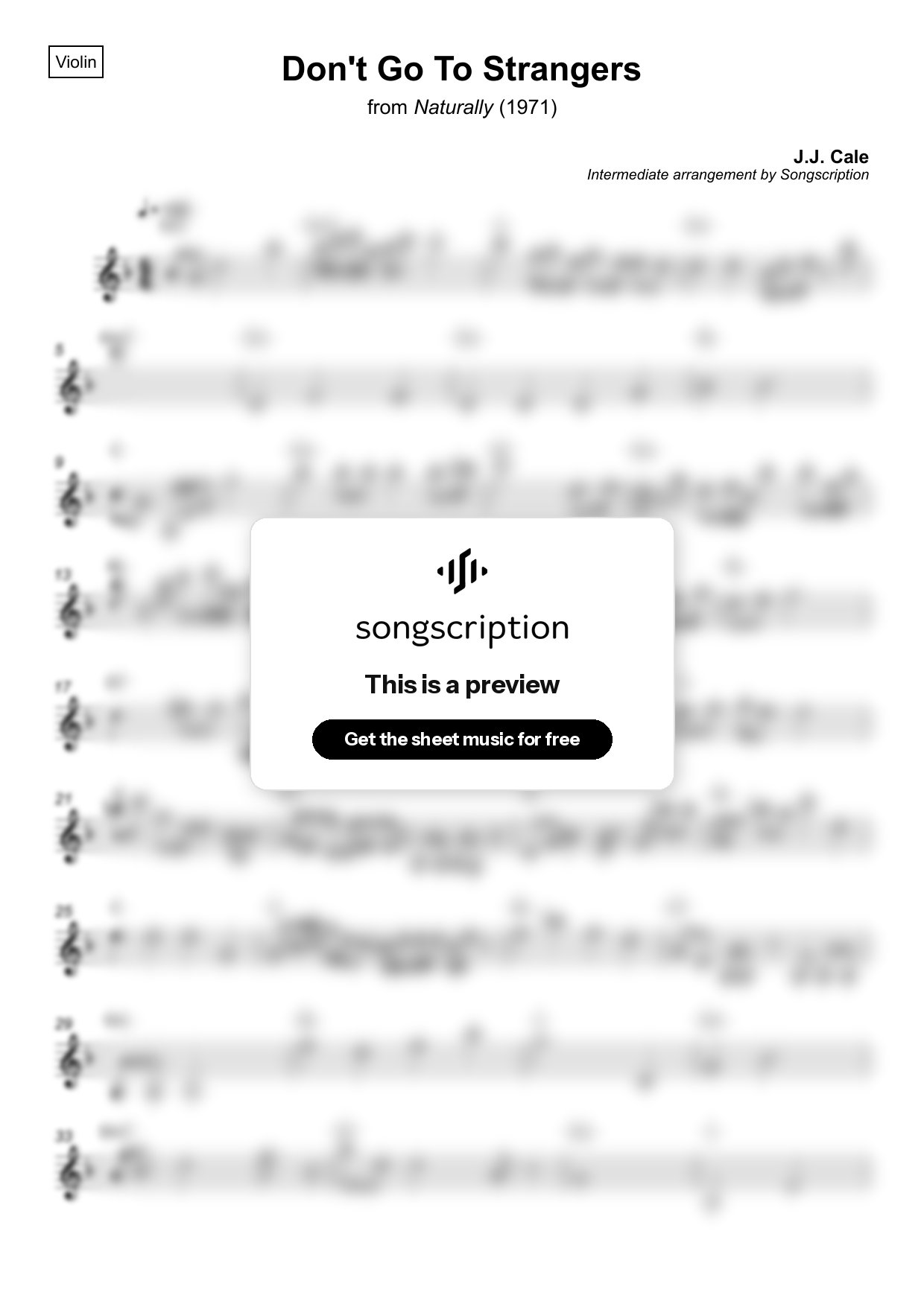 Intermediate Violin Sheet Music for "Don't Go To Strangers" by J.J. Cale