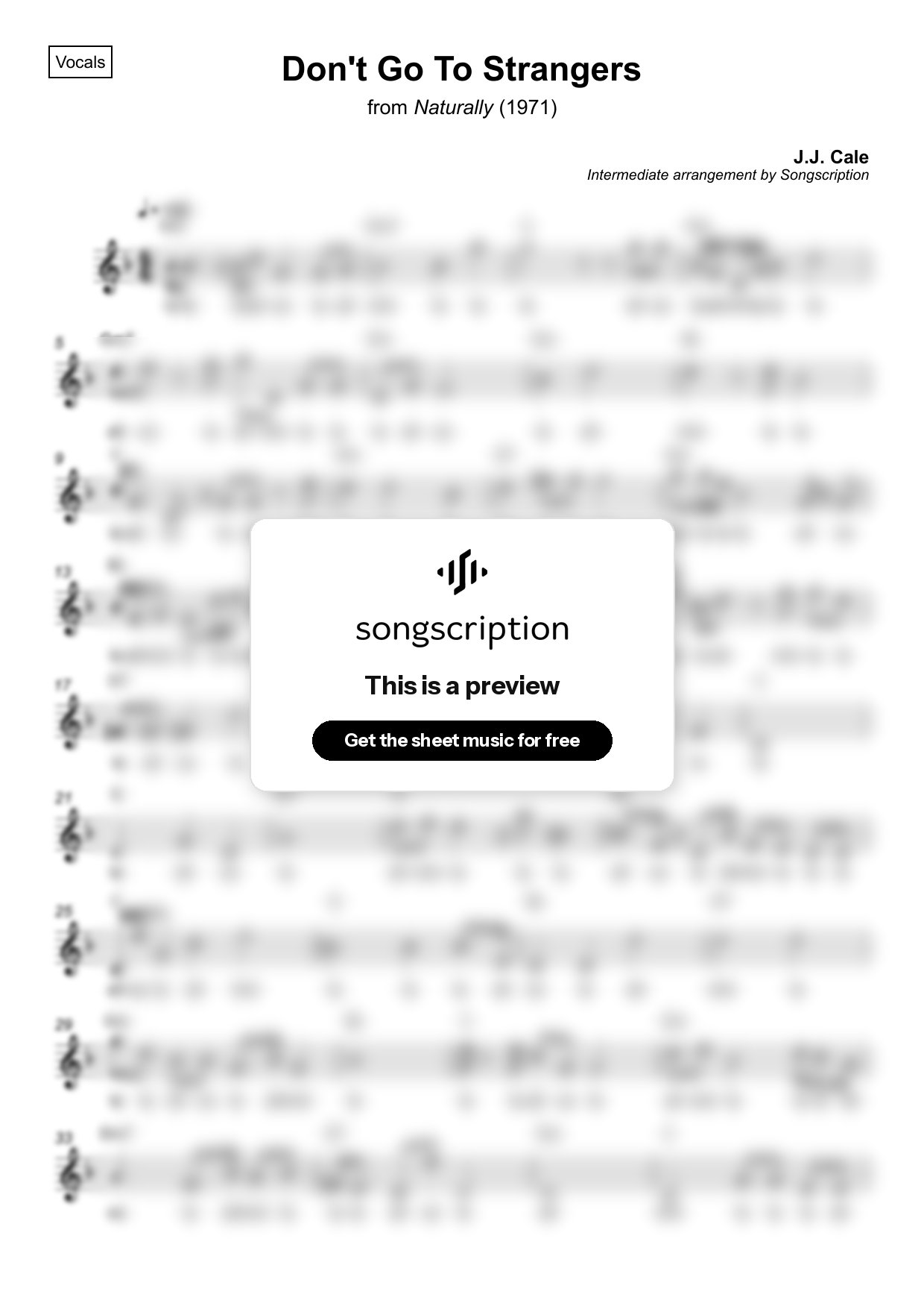 Intermediate Vocals Sheet Music for "Don't Go To Strangers" by J.J. Cale