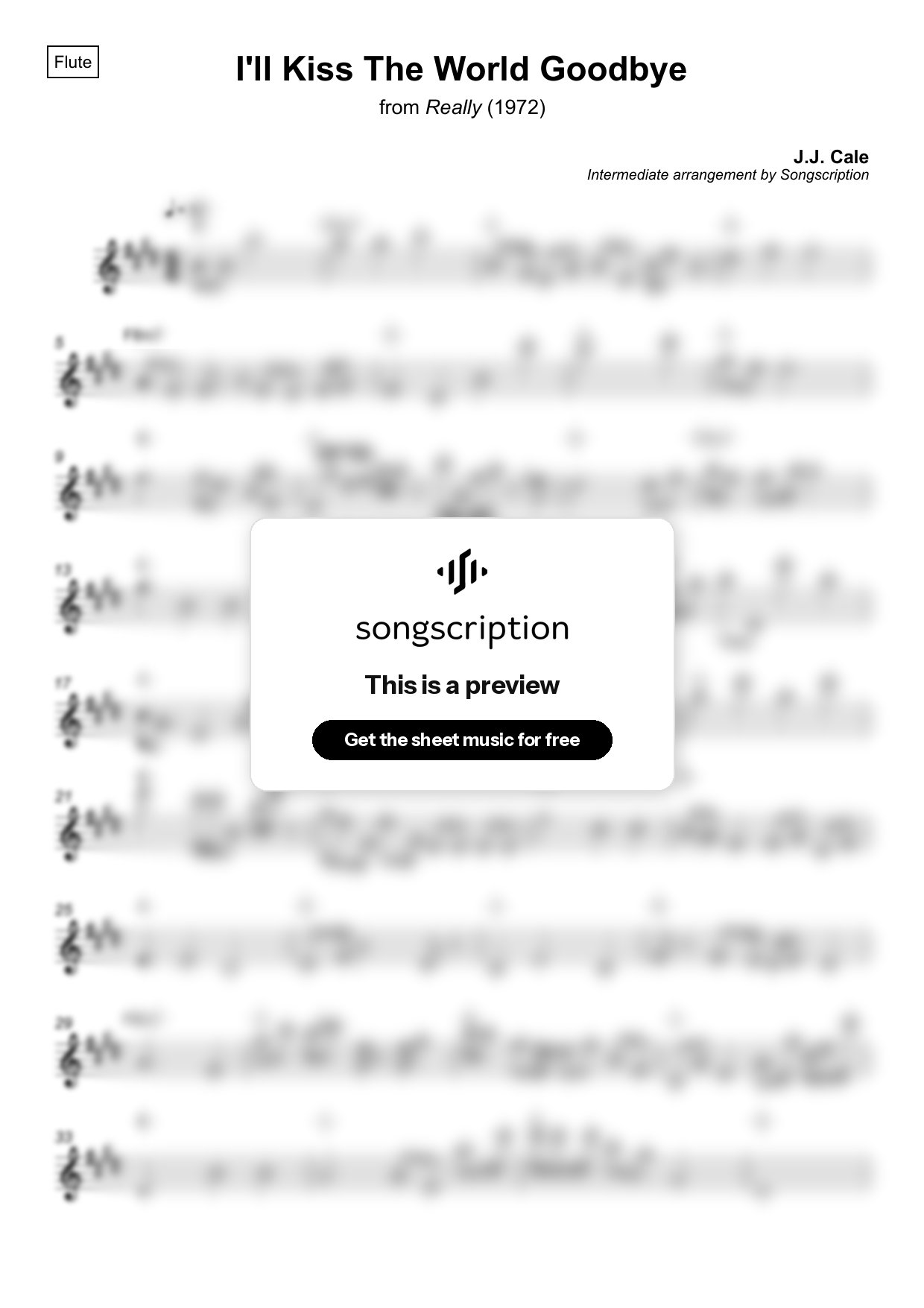 Intermediate Flute Sheet Music for "I'll Kiss The World Goodbye" by J.J. Cale