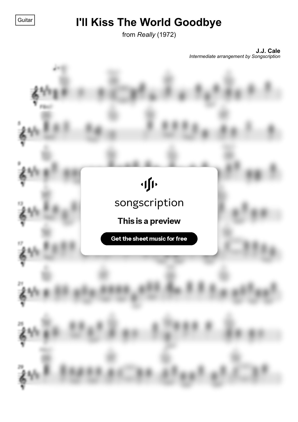 Intermediate Acoustic Guitar Sheet Music for "I'll Kiss The World Goodbye" by J.J. Cale