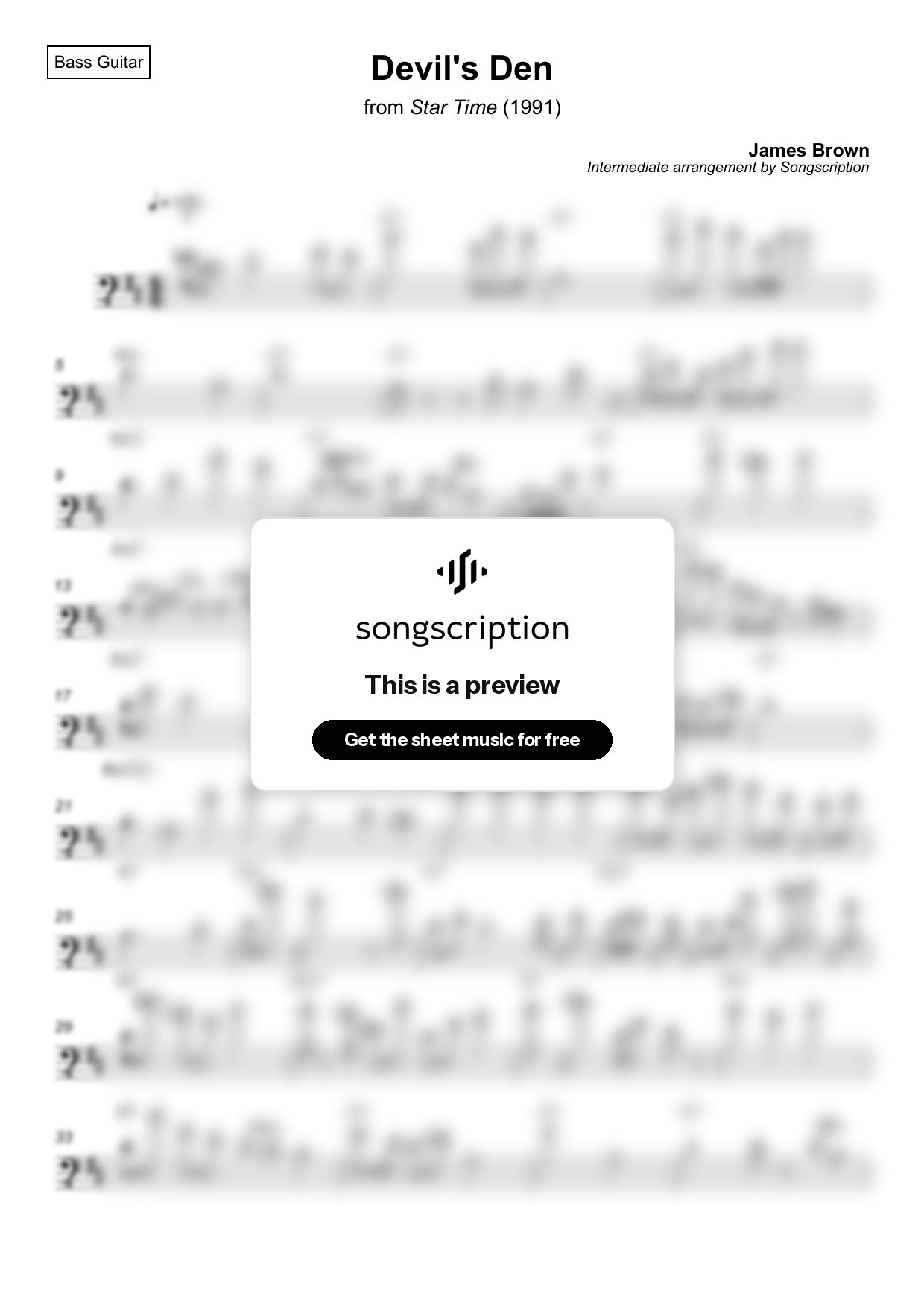 Intermediate Bass Guitar Sheet Music for "Devil's Den" by James Brown