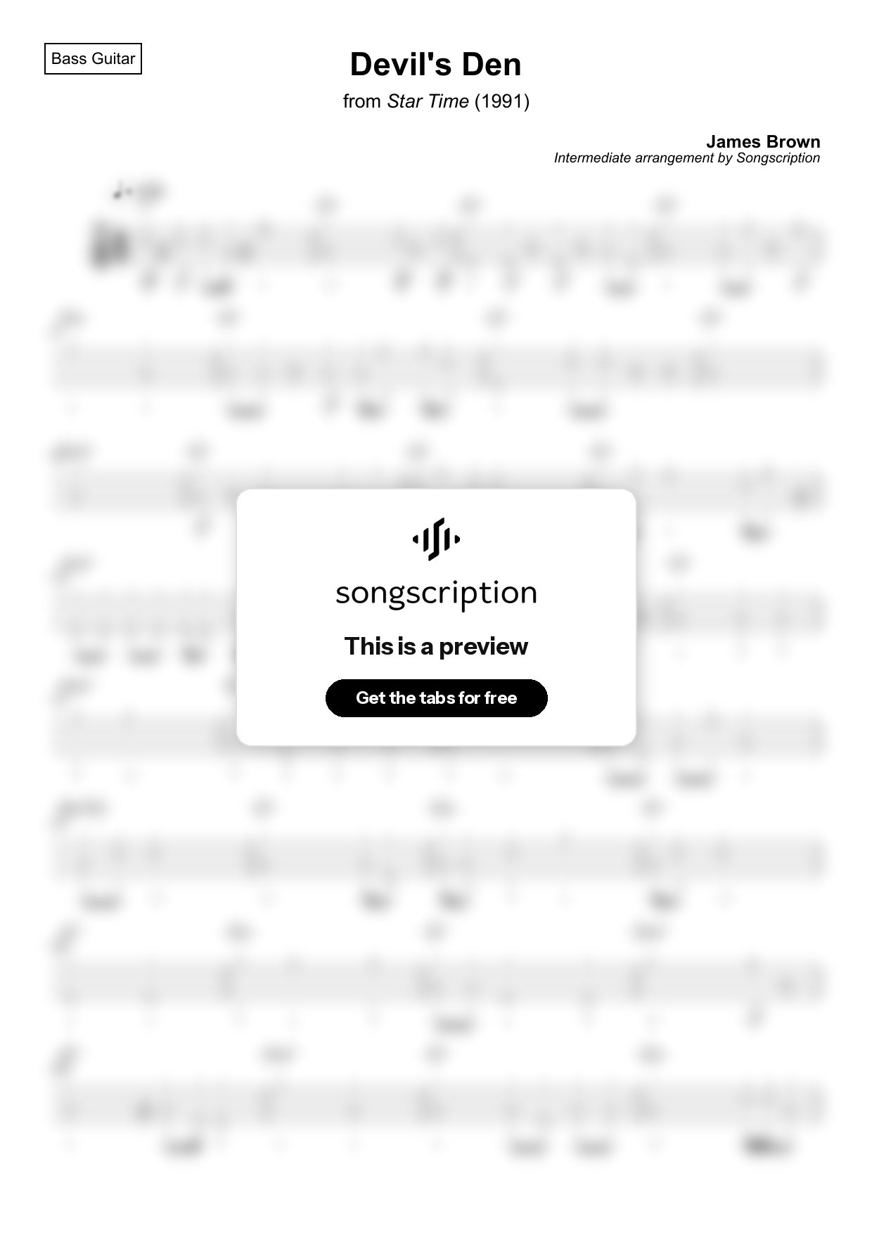 Intermediate Bass Guitar Tabs for "Devil's Den" by James Brown