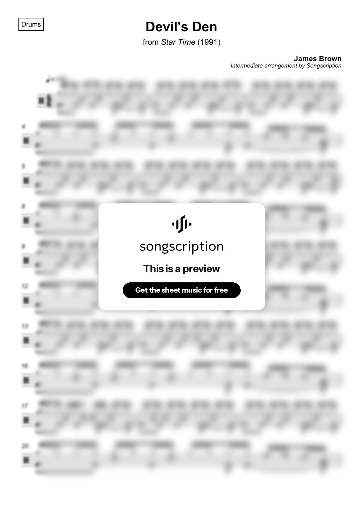 Intermediate Drums Sheet Music for "Devil's Den" by James Brown