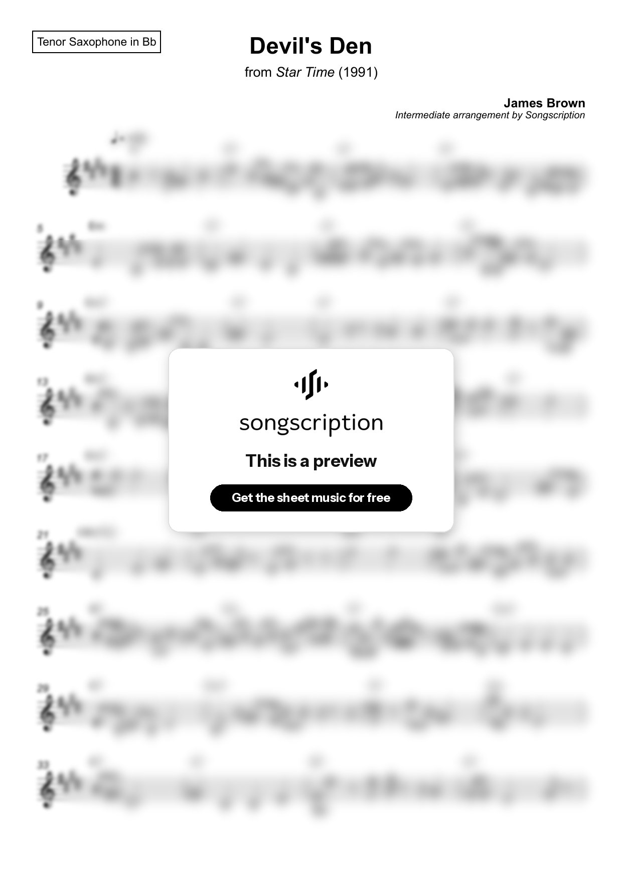 Intermediate Tenor Sax Sheet Music for "Devil's Den" by James Brown