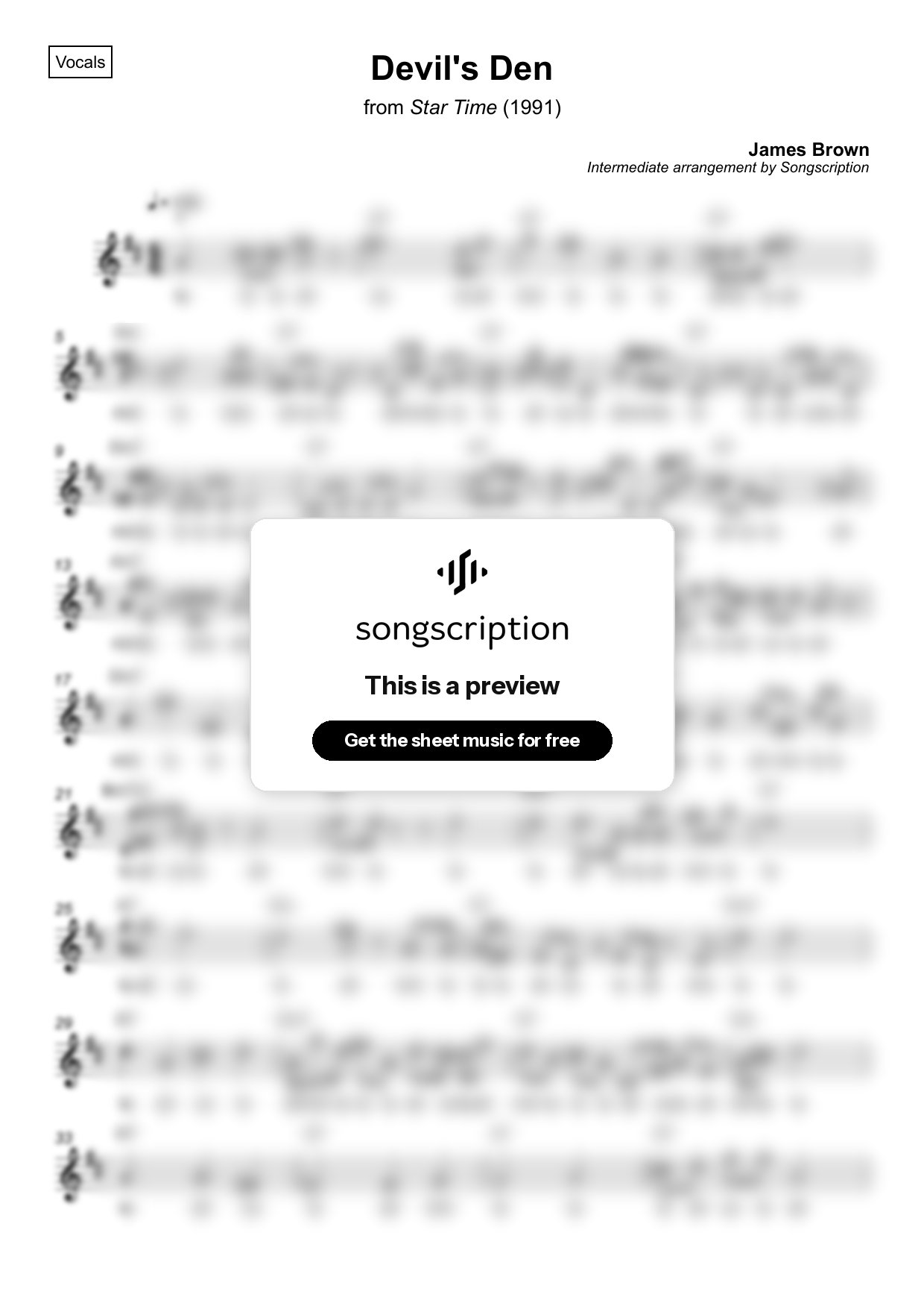 Intermediate Vocals Sheet Music for "Devil's Den" by James Brown