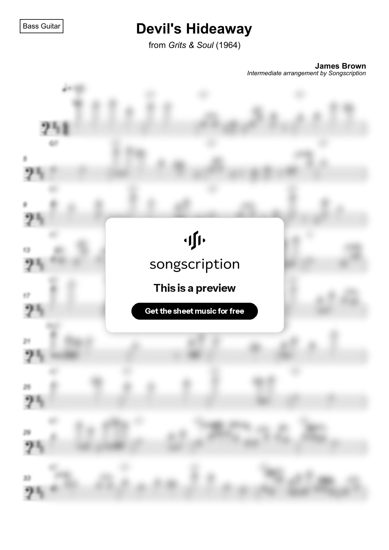 Intermediate Bass Guitar Sheet Music for "Devil's Hideaway" by James Brown