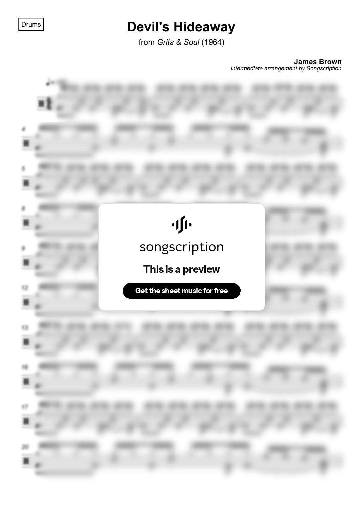 Intermediate Drums Sheet Music for "Devil's Hideaway" by James Brown